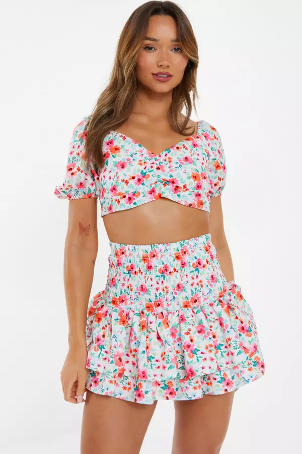 White Ditsy Floral Ruched Mini Skirt