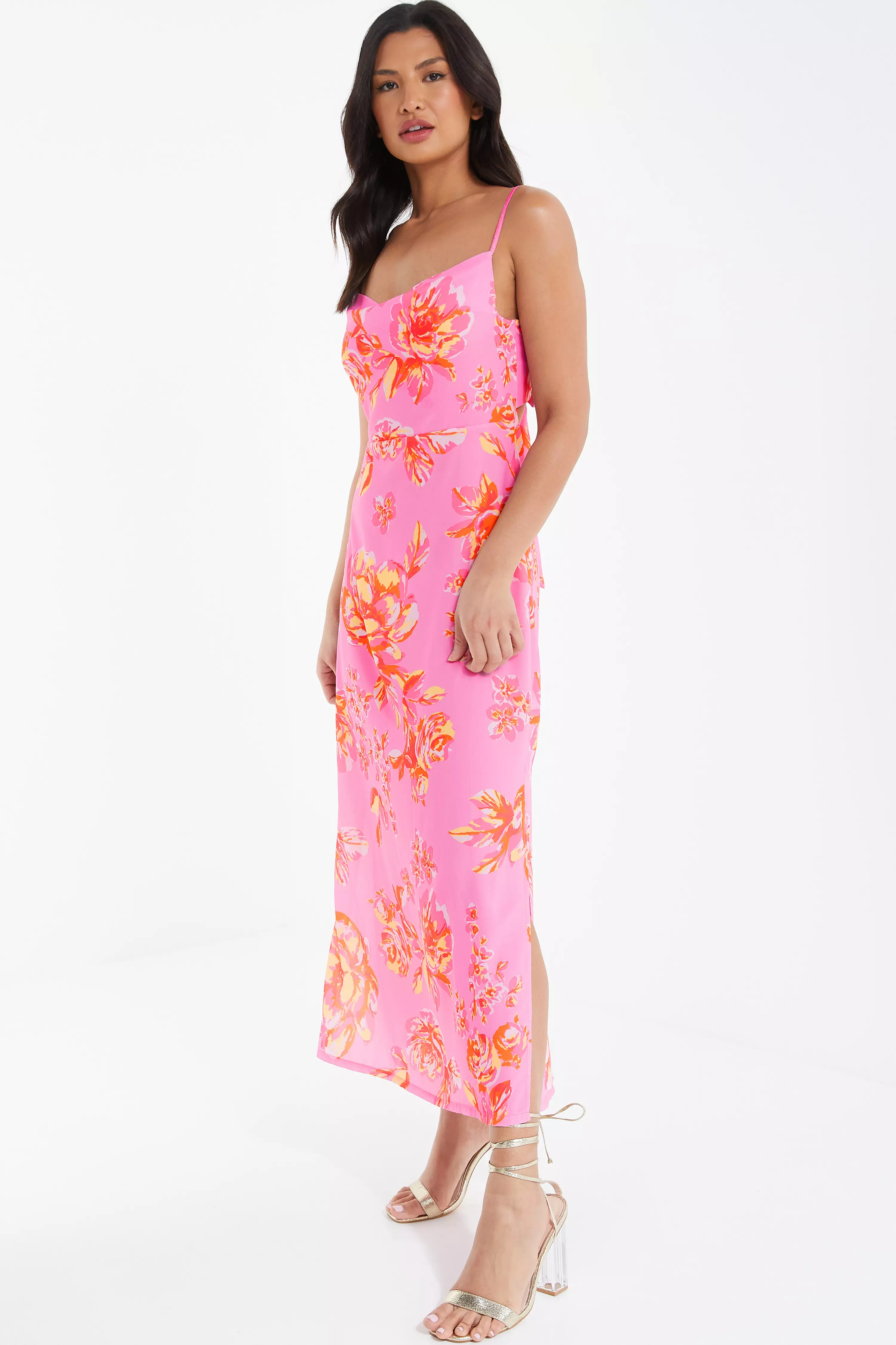 Pink Floral Print Tie Back Midi Dress