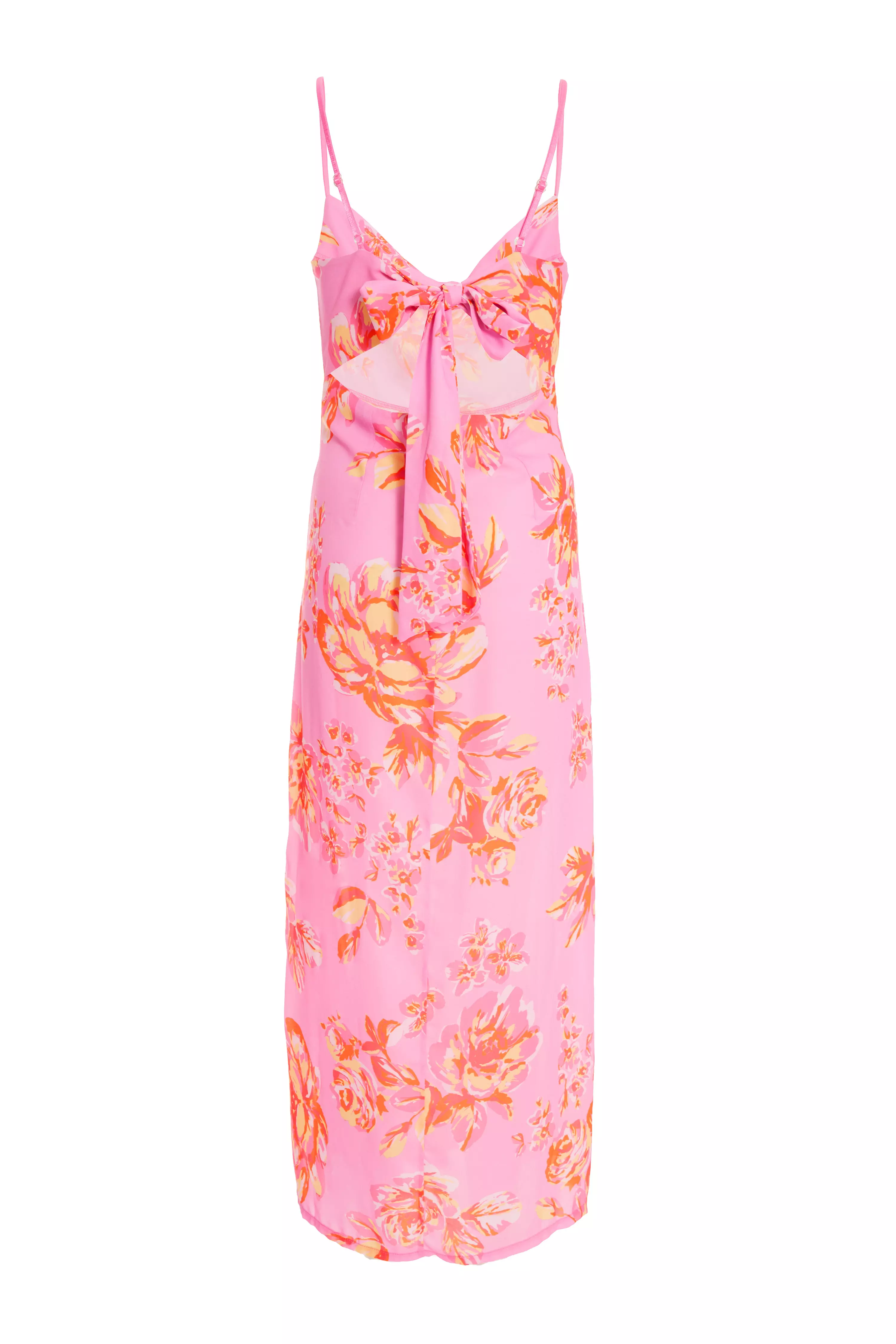 Pink Floral Print Tie Back Midi Dress