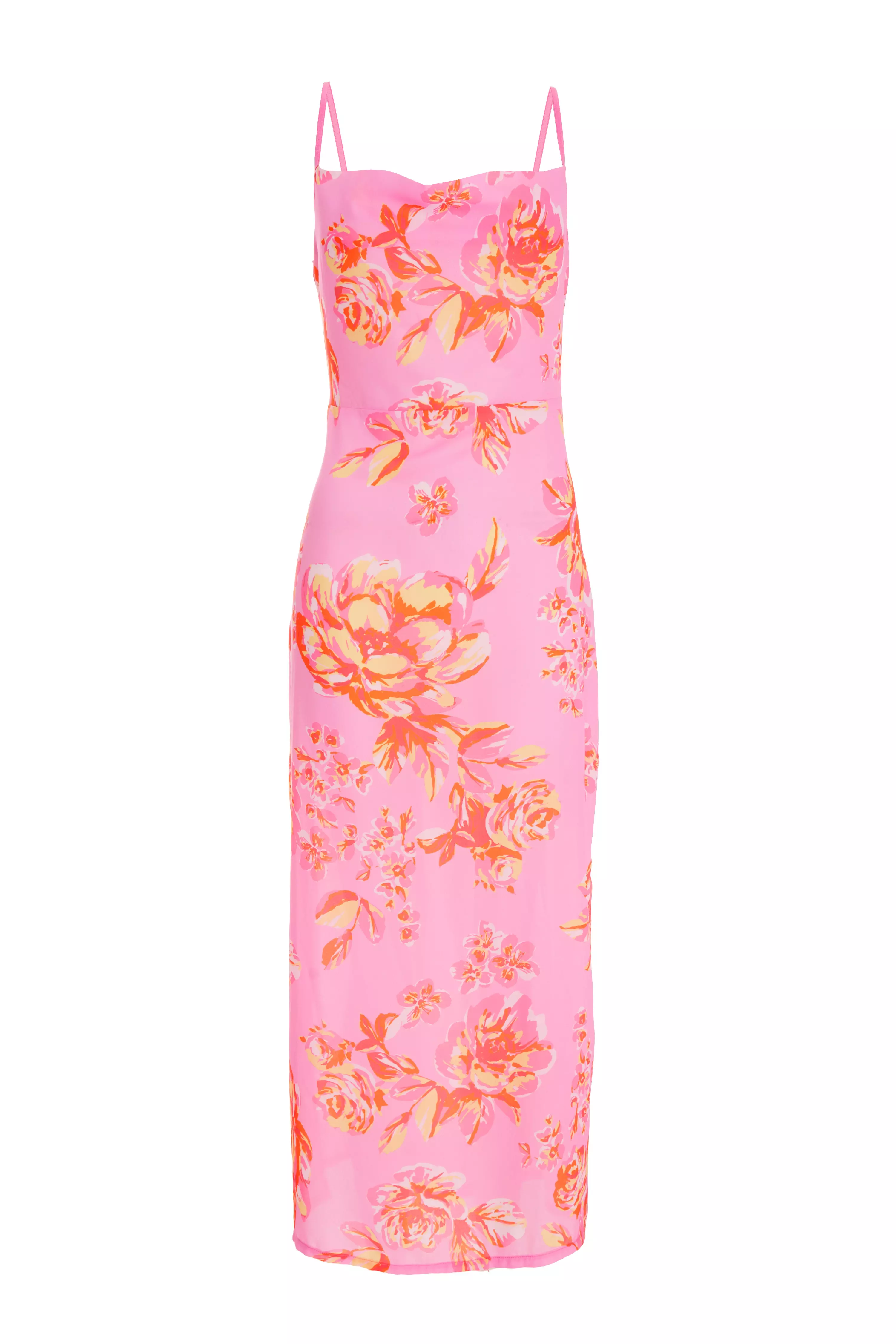 Pink Floral Print Tie Back Midi Dress