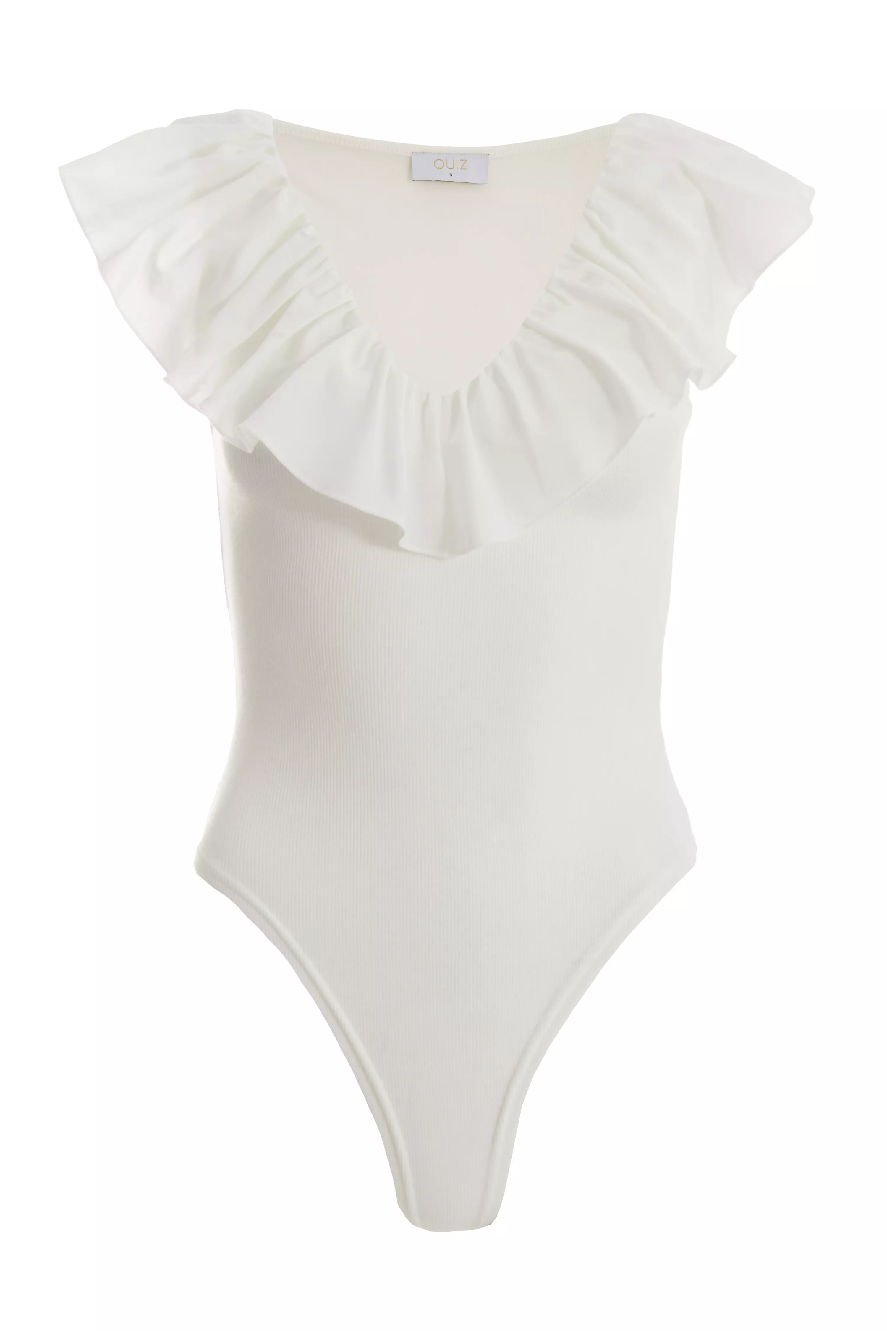 White Ribbed Frill Bodysuit