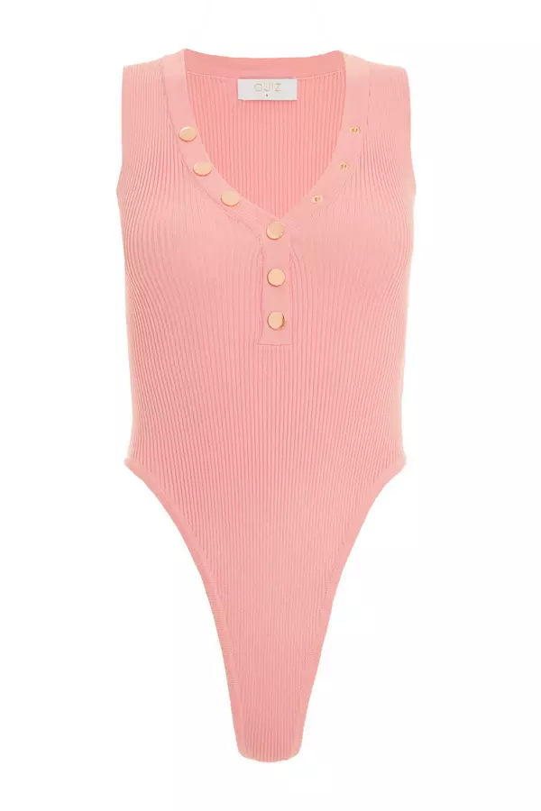 Coral Ribbed Button Bodysuit