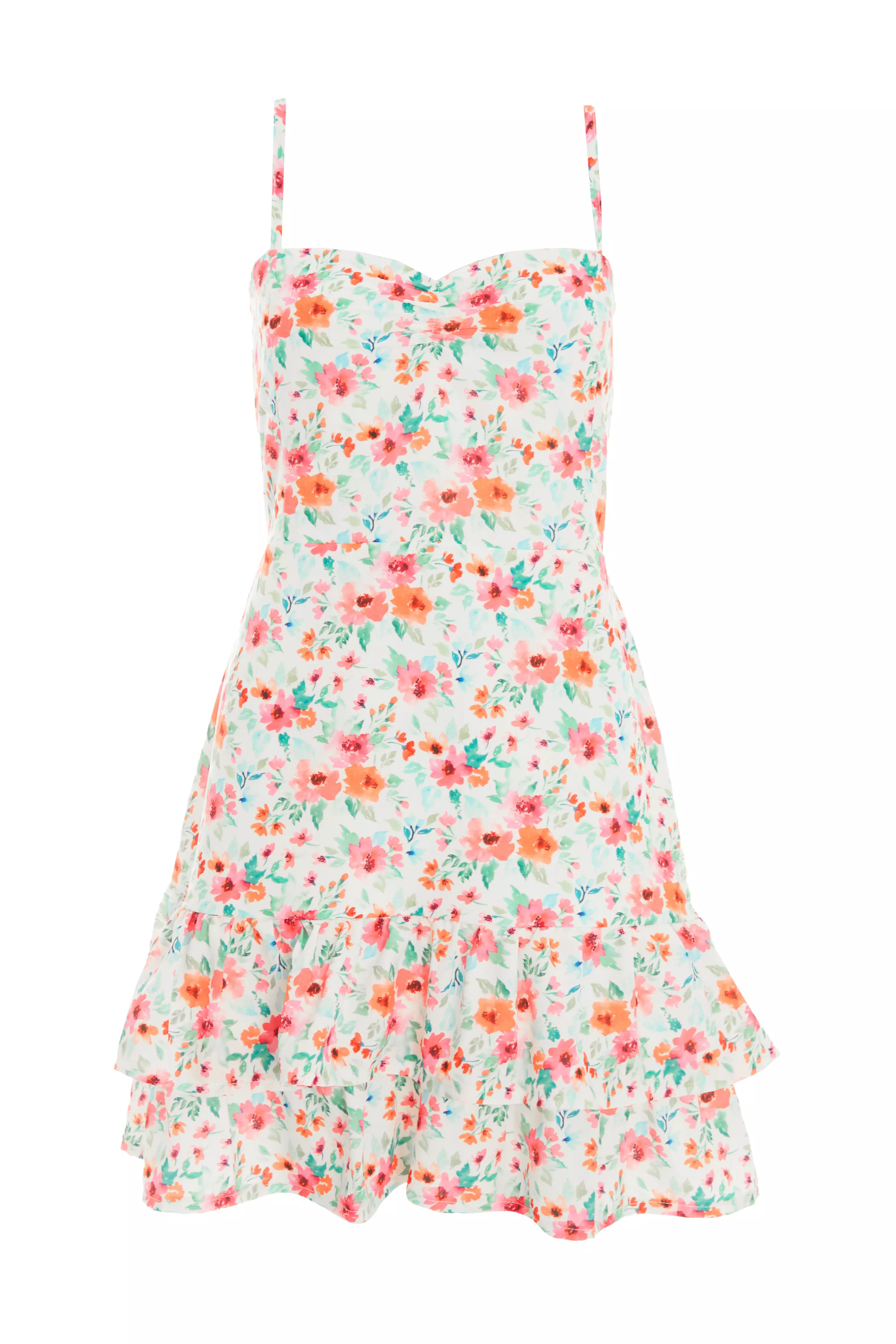 White Ditsy Floral Frill Mini Dress