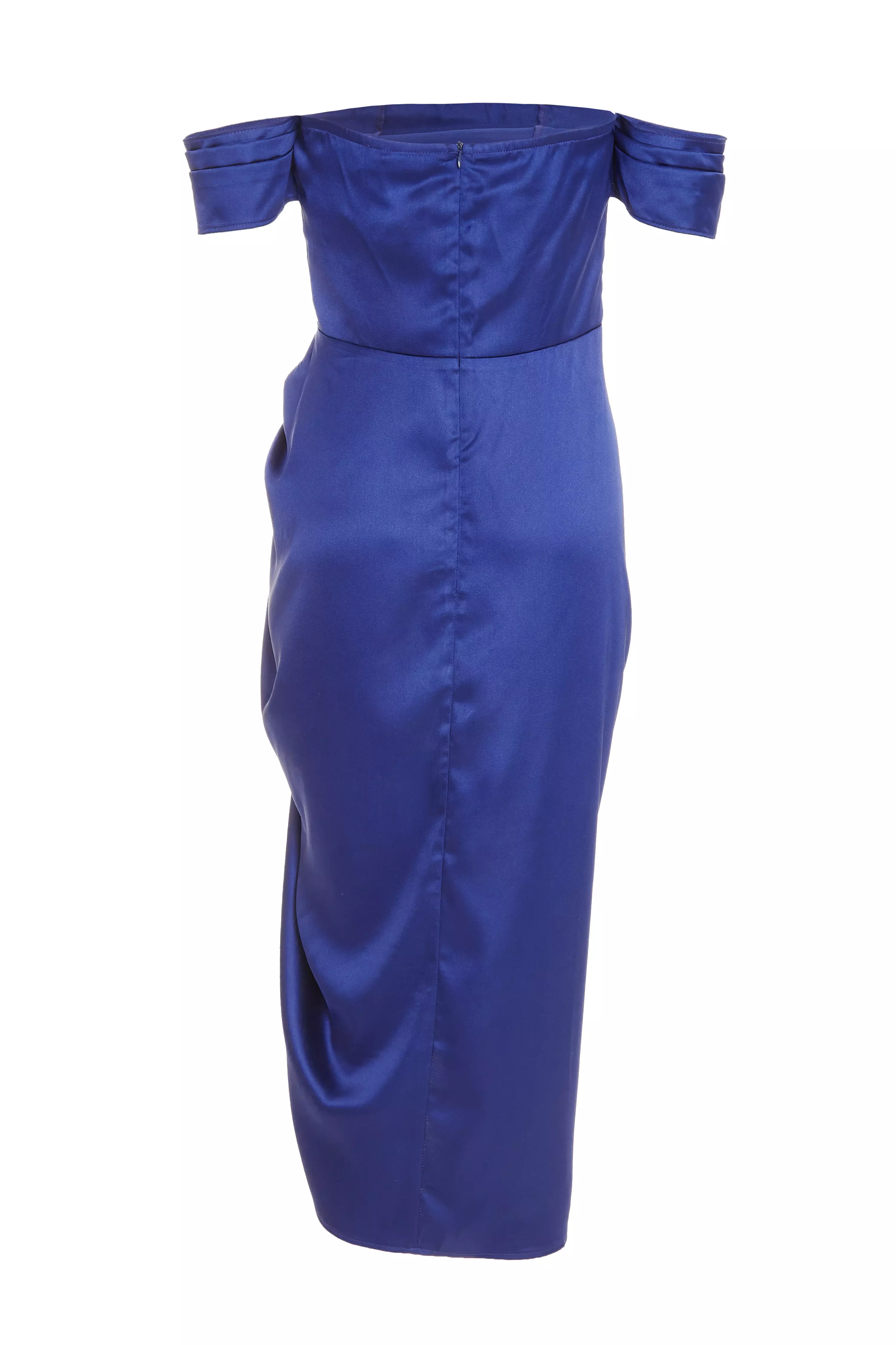 Navy Satin Ruched Bardot Midi Dress