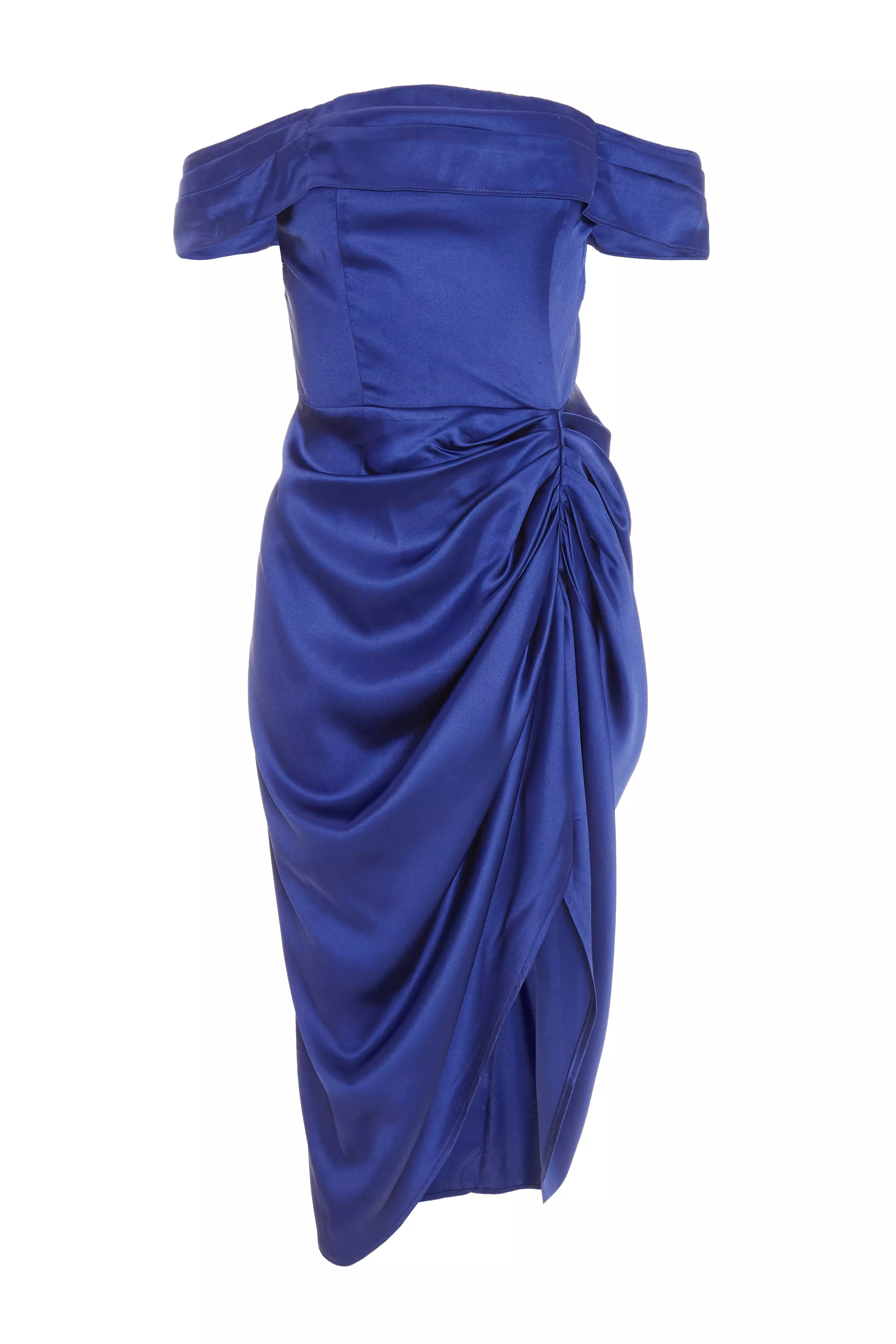 Navy Satin Ruched Bardot Midi Dress