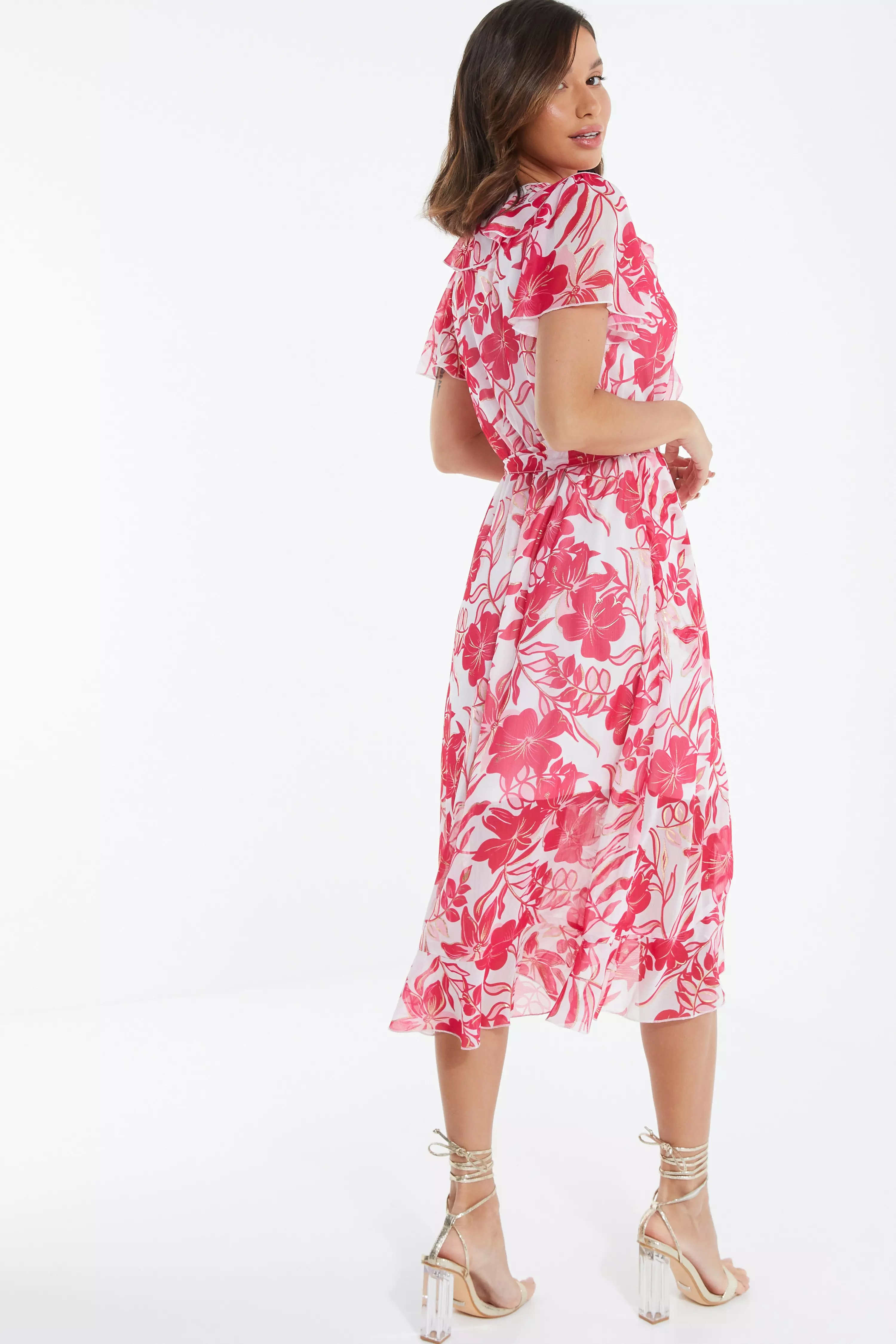 Pink Floral Frill Hem Wrap Midi Dress