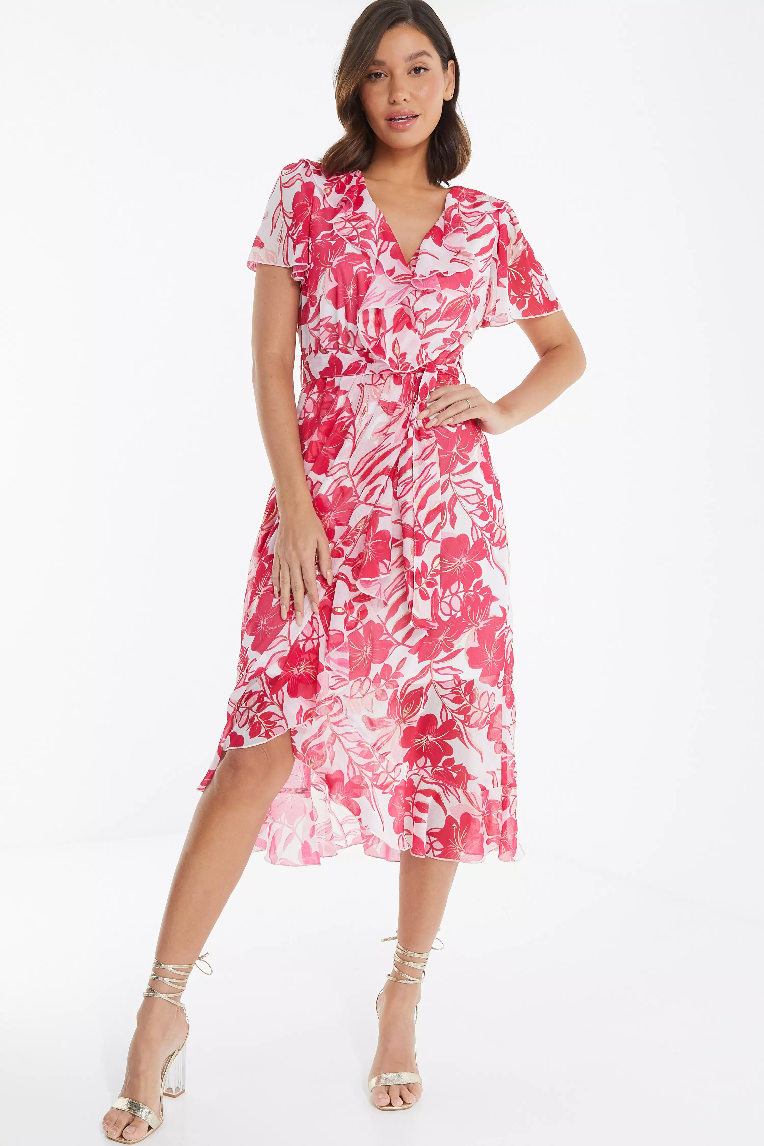 Pink Floral Frill Hem Wrap Midi Dress