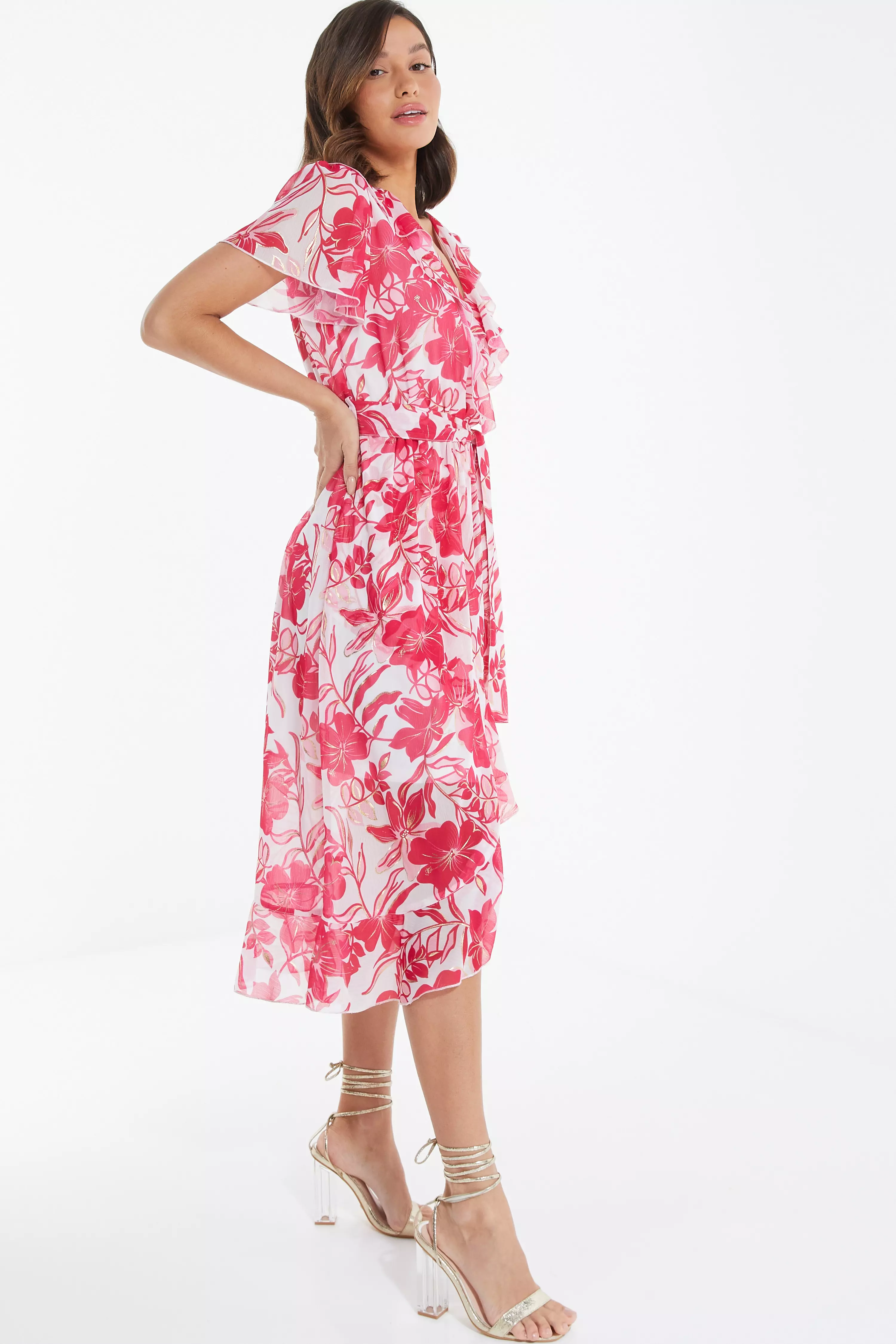 Pink Floral Frill Hem Wrap Midi Dress