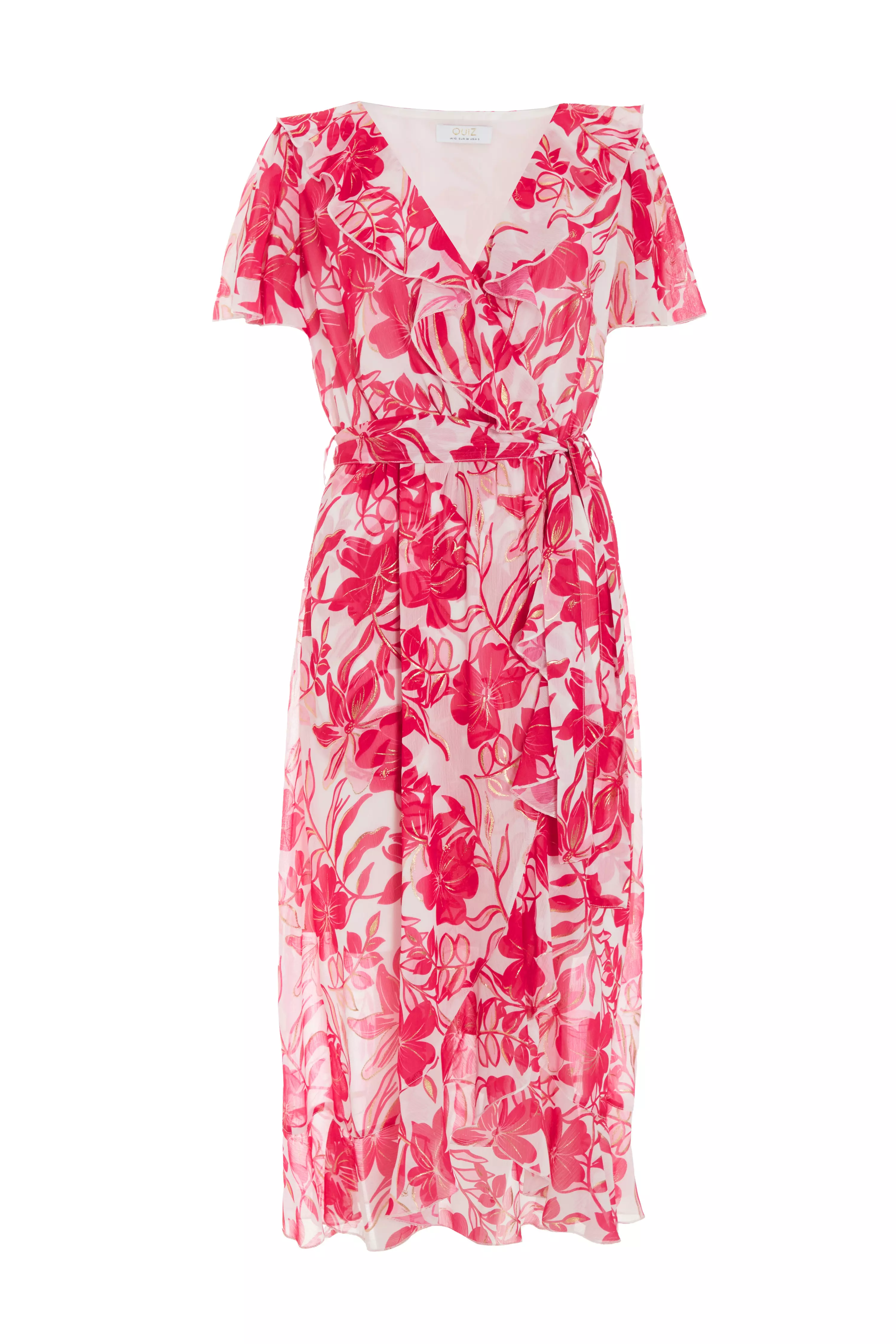 Pink Floral Frill Hem Wrap Midi Dress