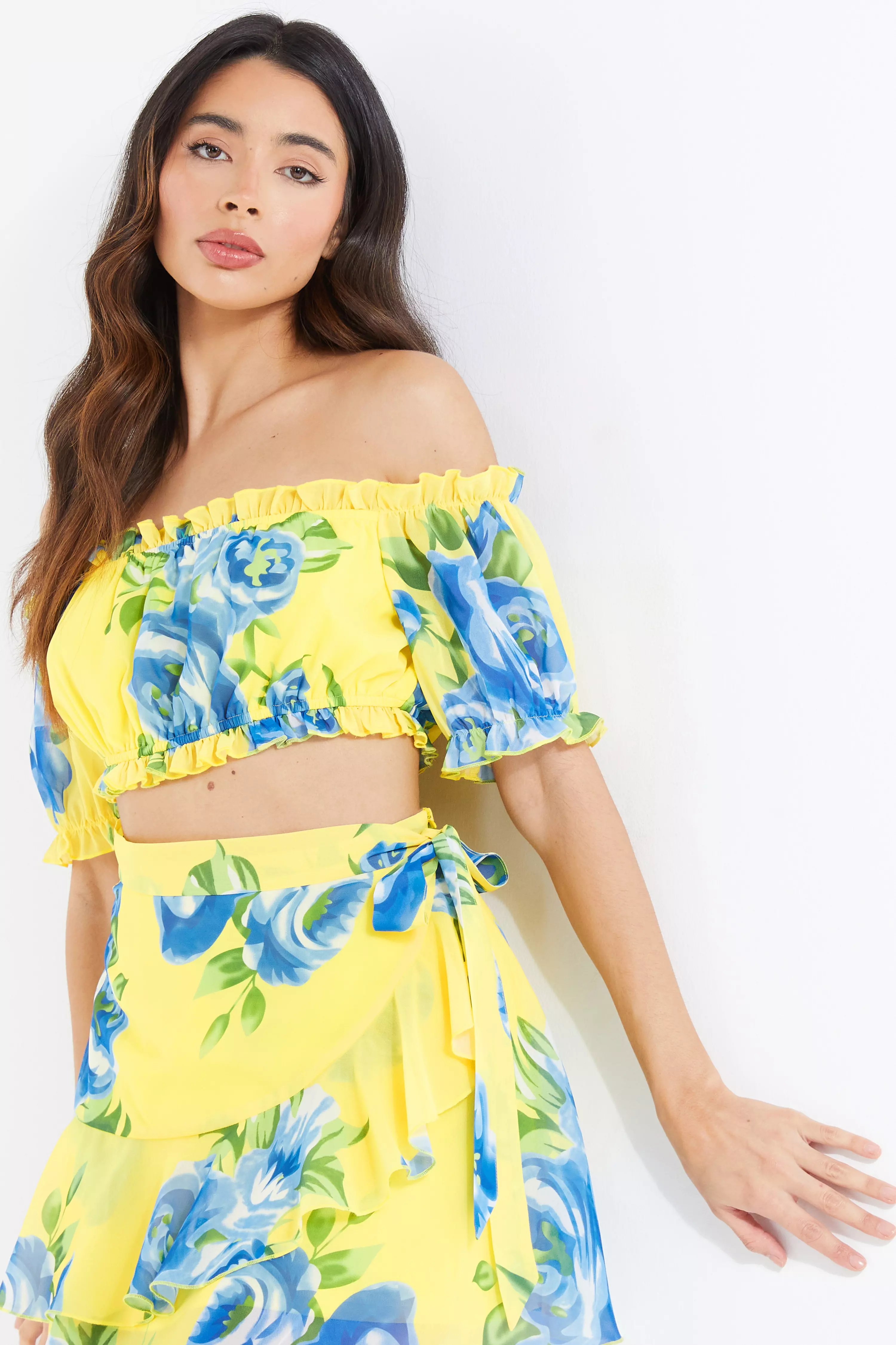 Yellow Floral Bardot Crop Top