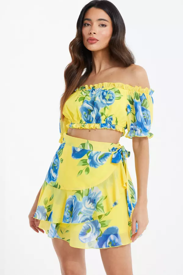Yellow Floral Wrap Mini Skirt