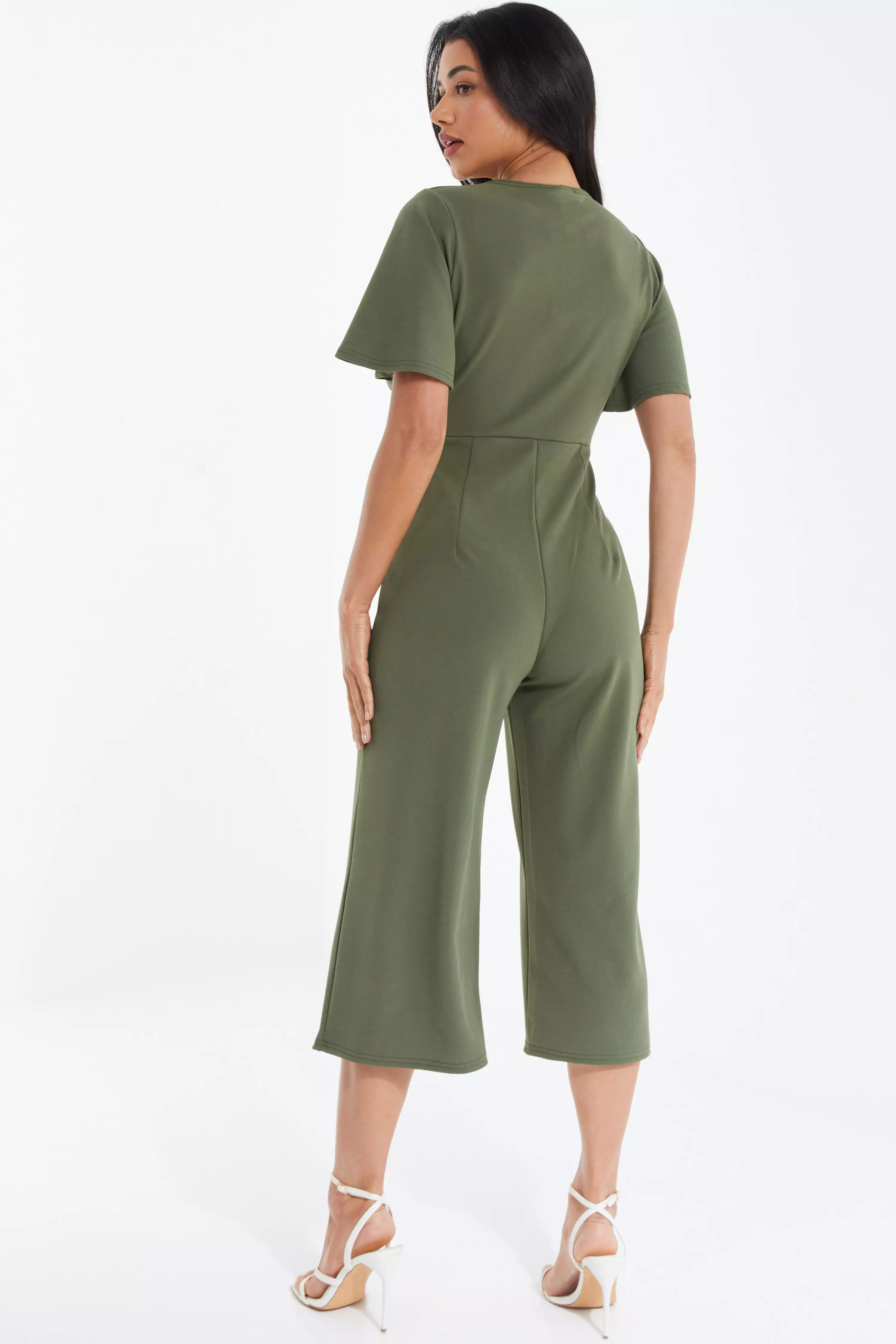 Khaki Wrap Tie Culotte Jumpsuit