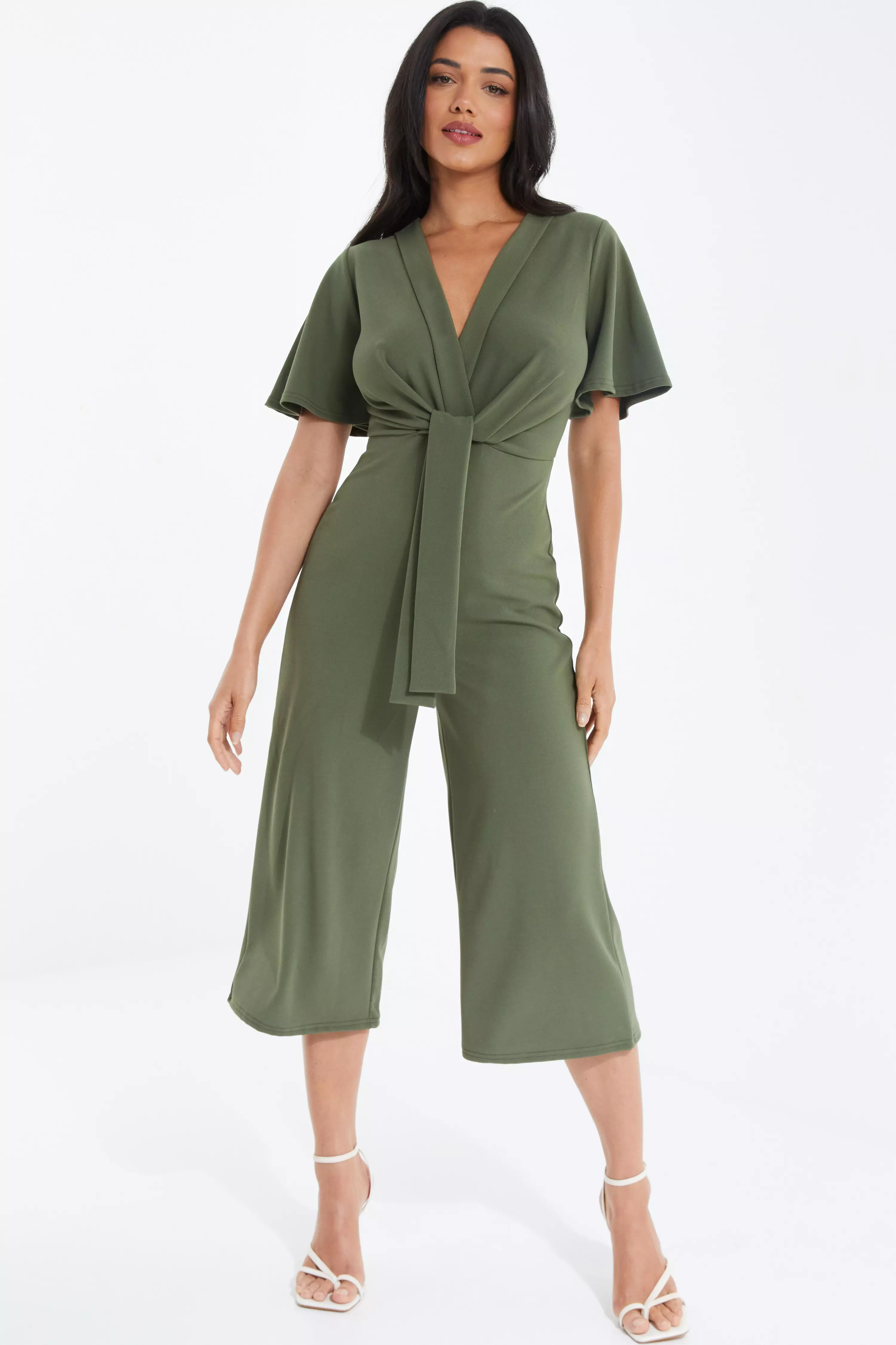 Khaki Wrap Tie Culotte Jumpsuit