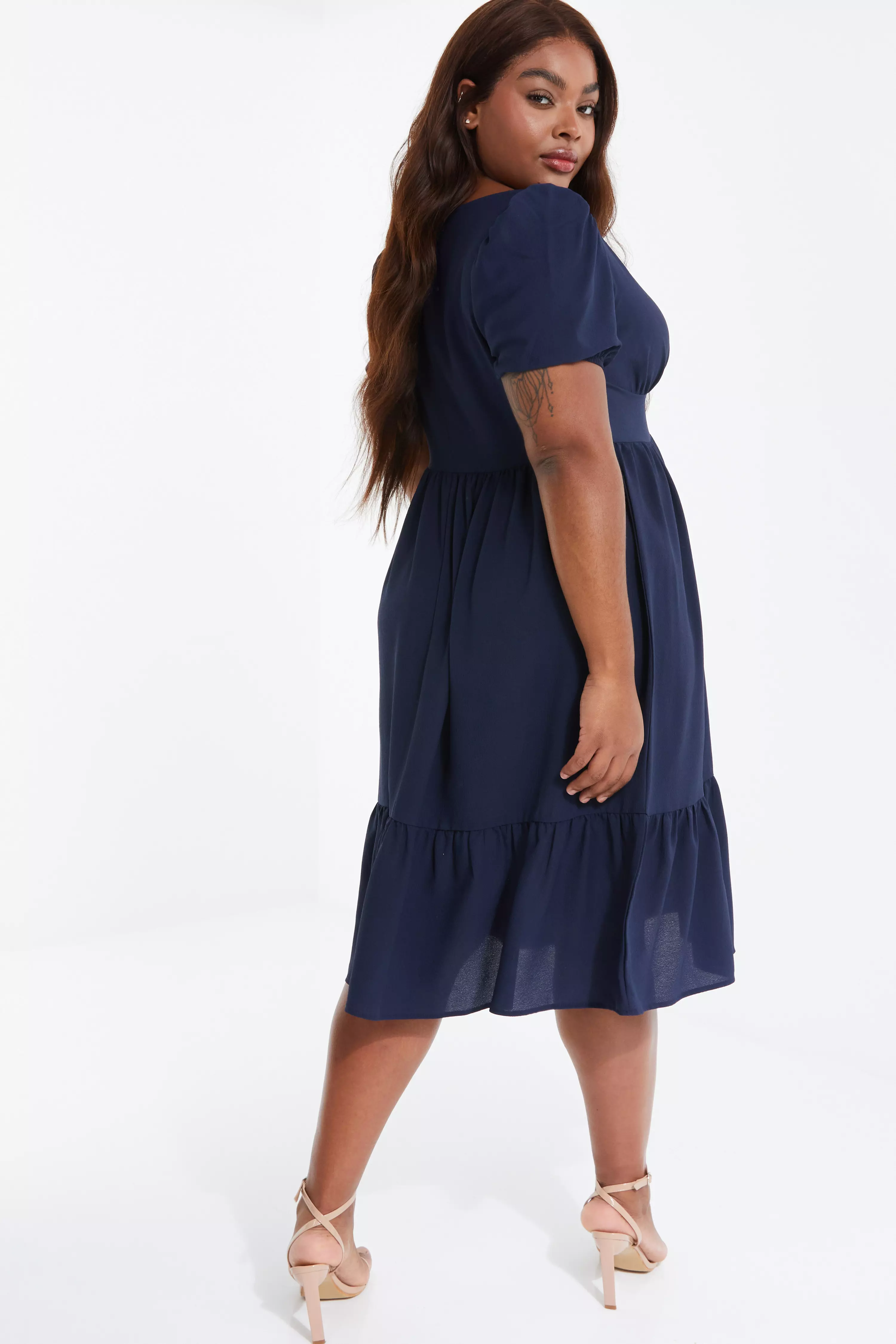 Curve Navy Tiered Puff Sleeve Midi Dress