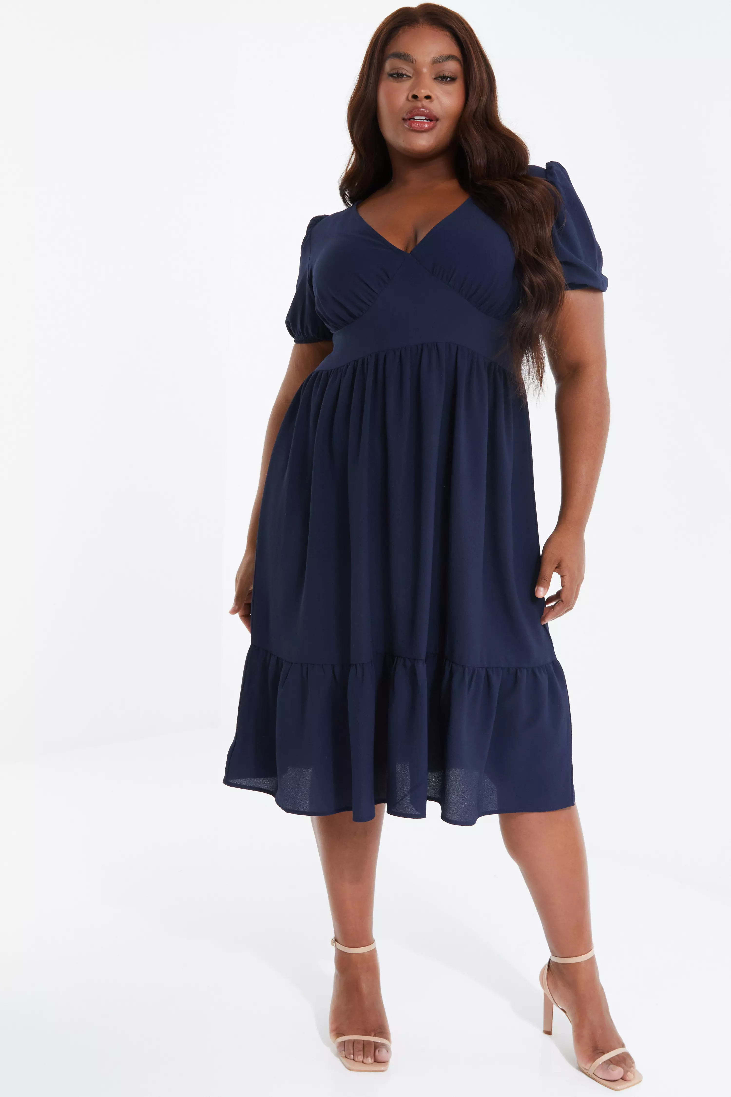 Curve Navy Tiered Puff Sleeve Midi Dress