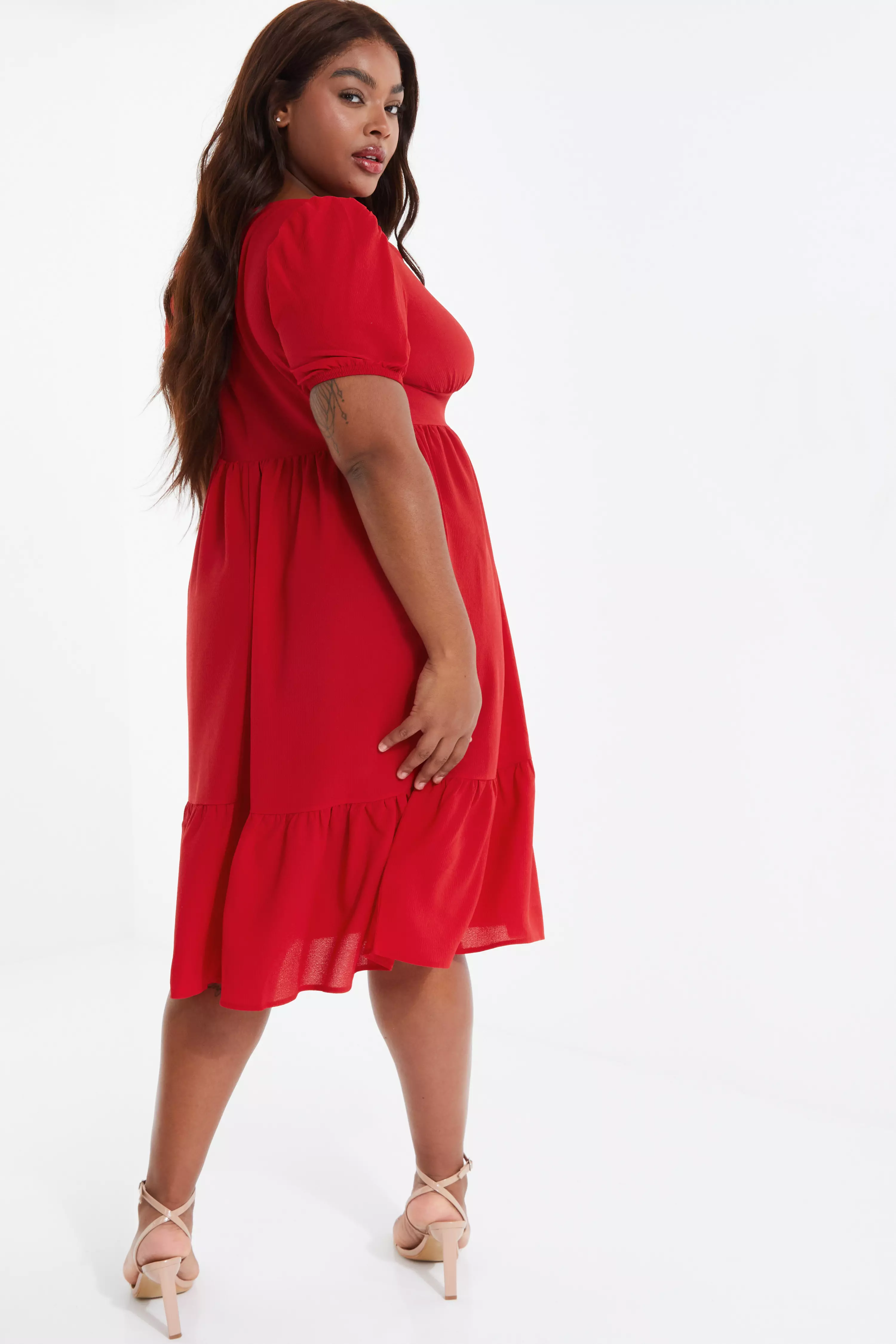 Curve Red Tiered Puff Sleeve Midi Dress