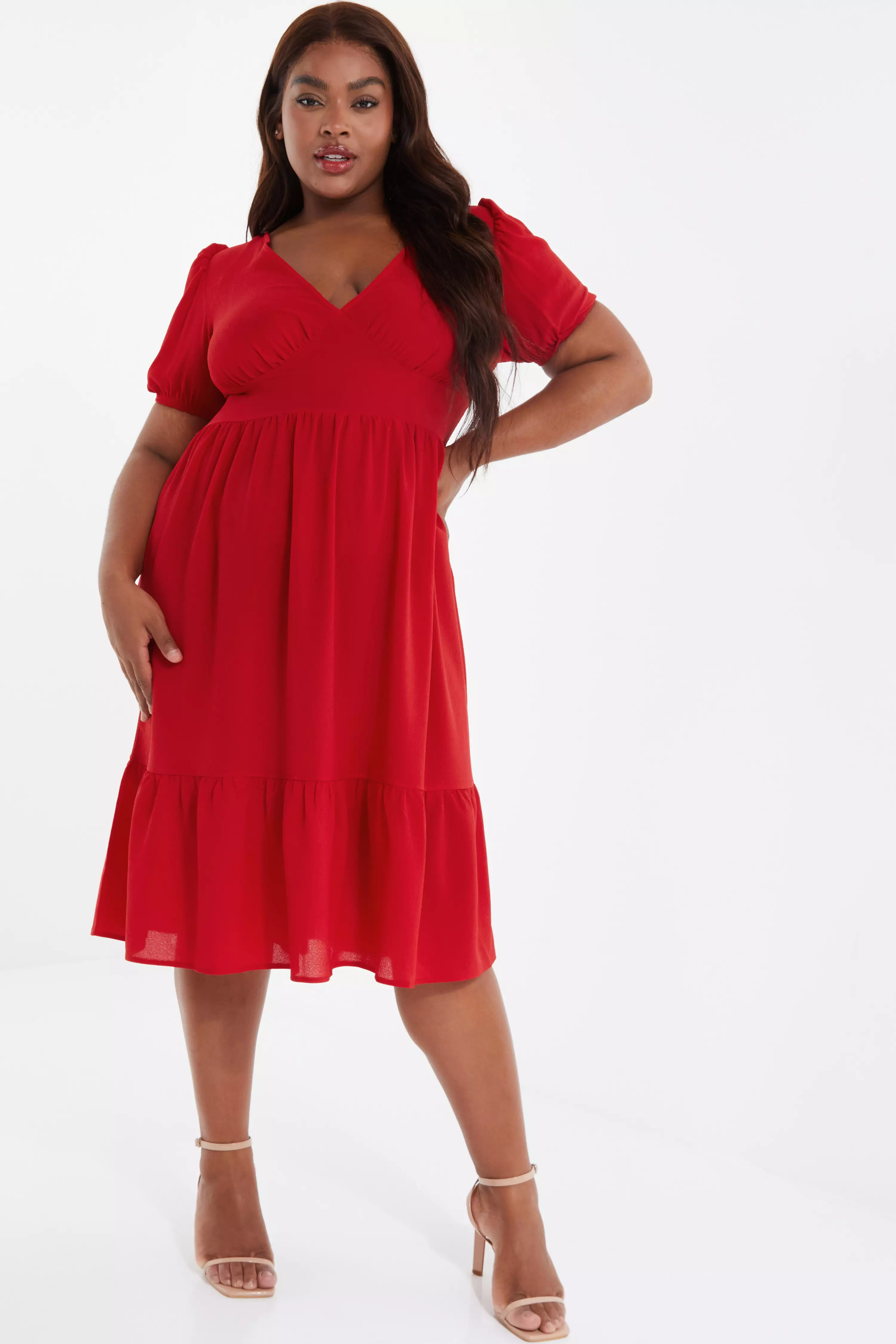 Curve Red Tiered Puff Sleeve Midi Dress