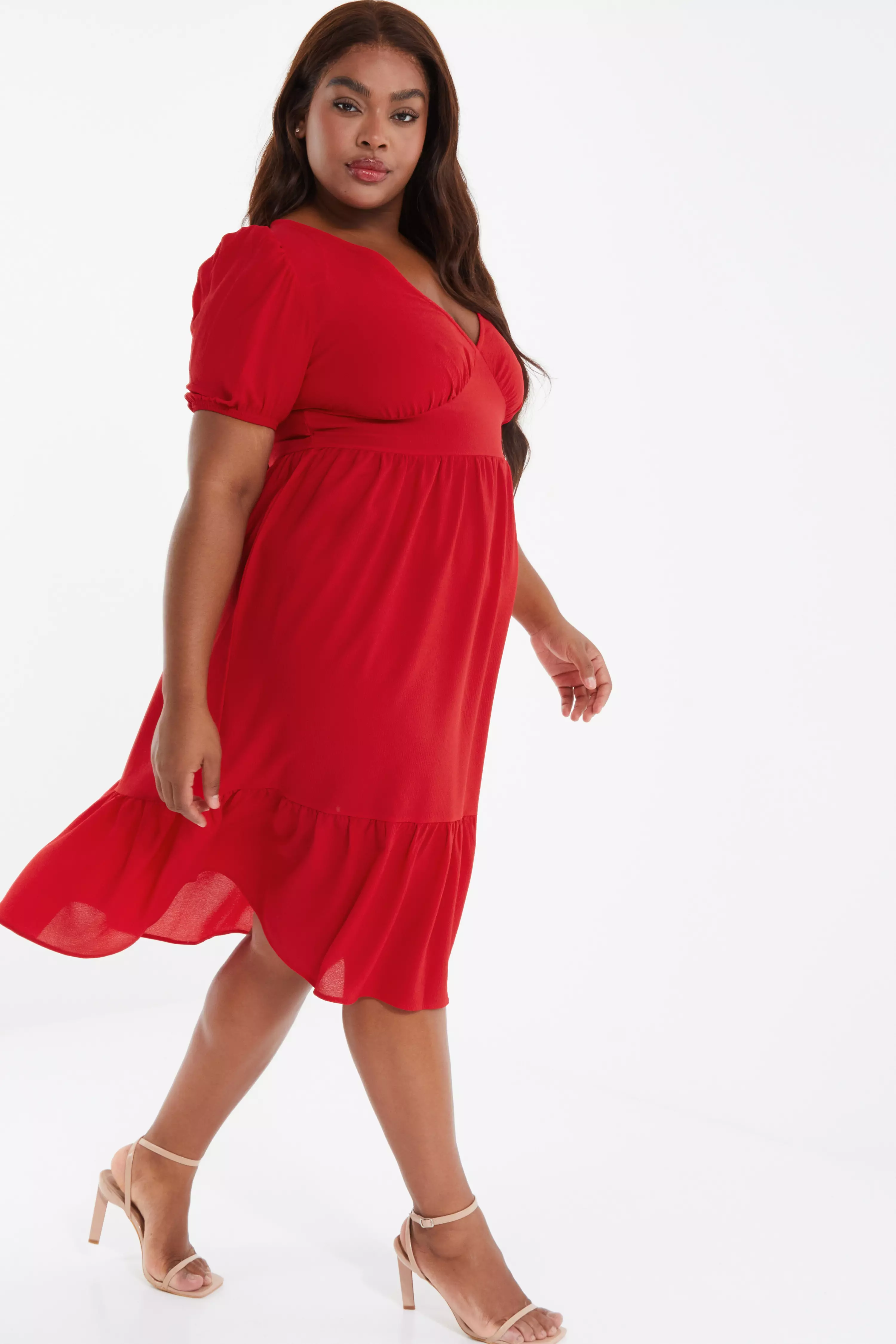 Curve Red Tiered Puff Sleeve Midi Dress