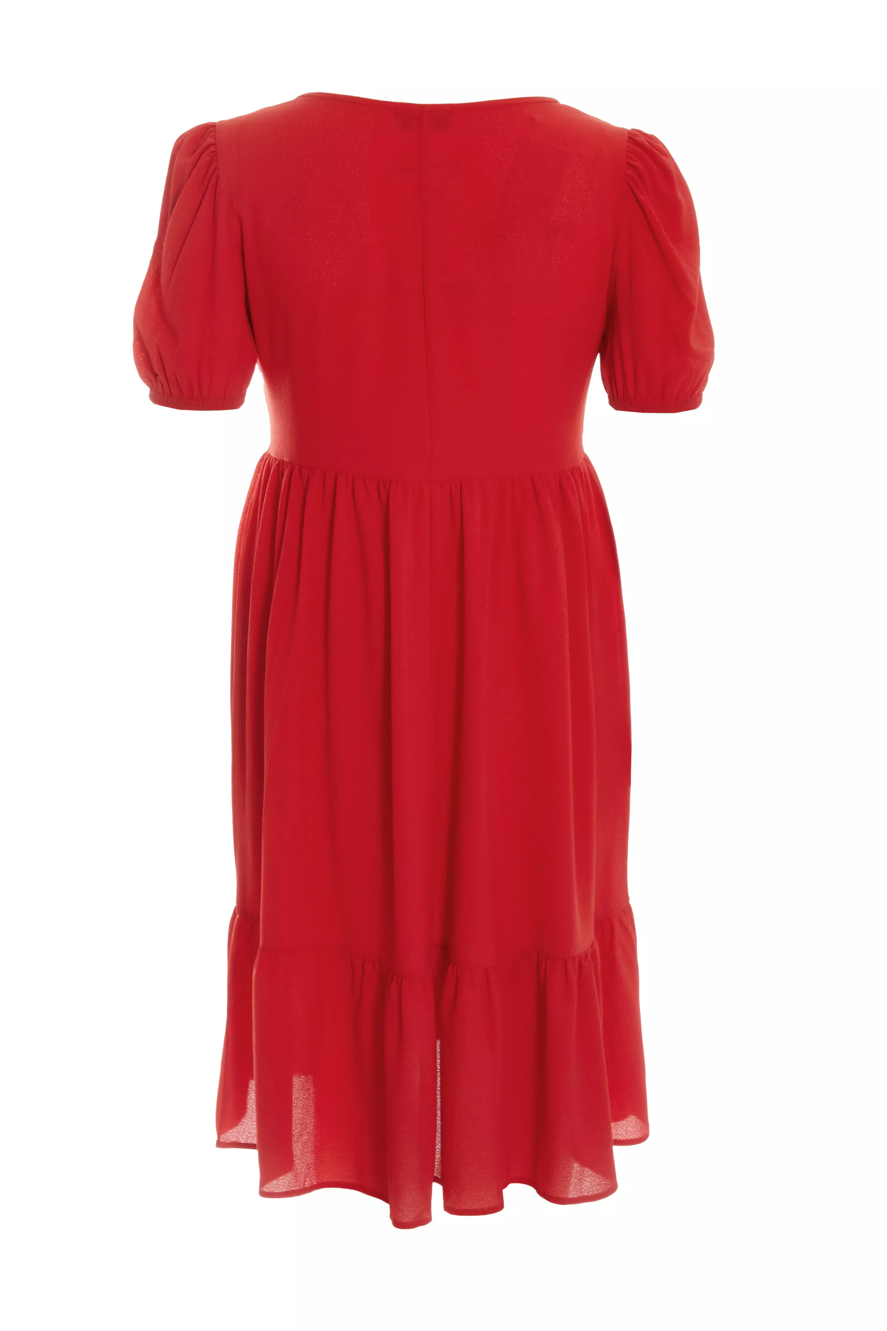 Curve Red Tiered Puff Sleeve Midi Dress