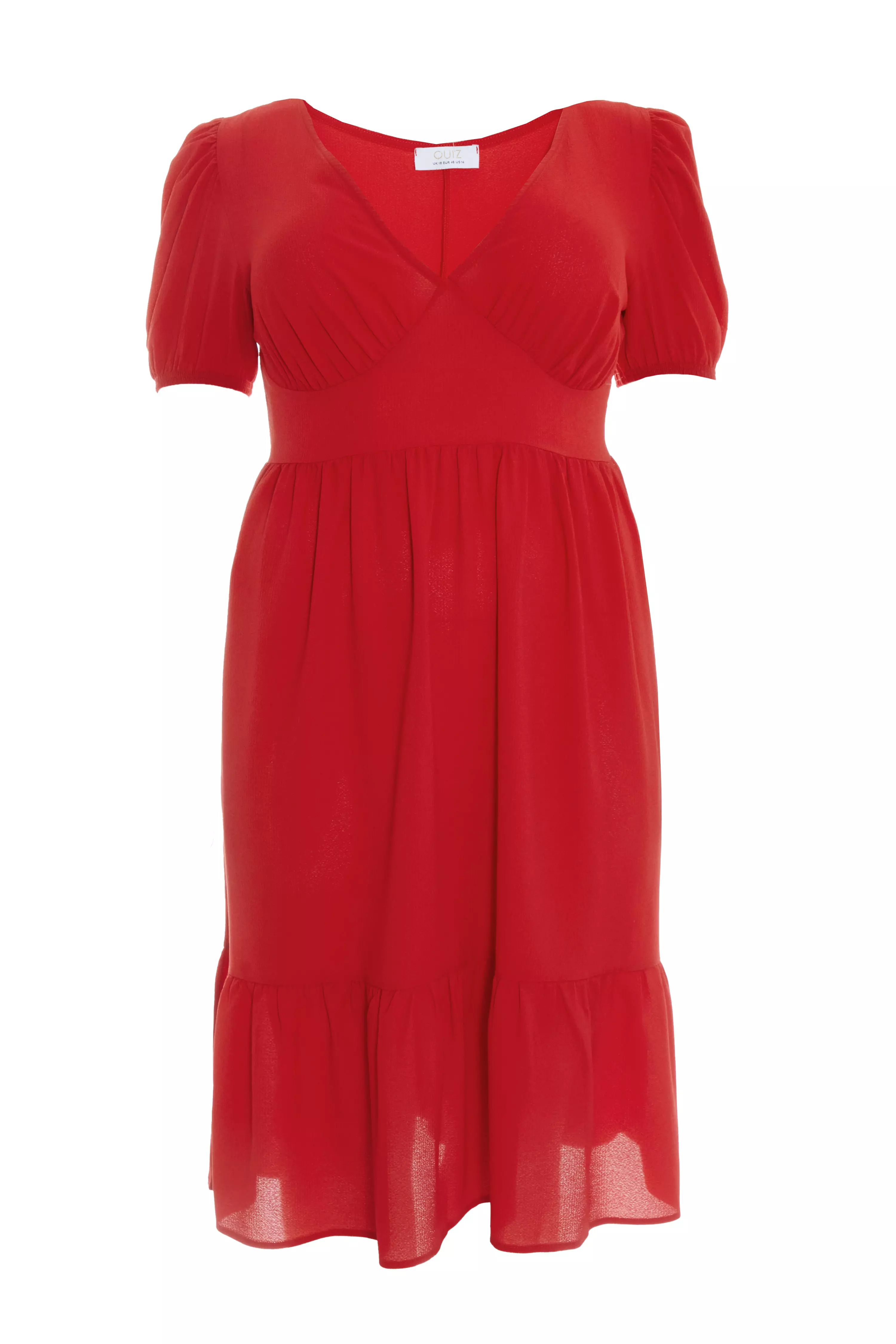 Curve Red Tiered Puff Sleeve Midi Dress