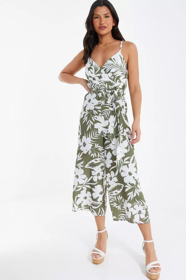 Khaki Tropical Print Culotte Jumpsuit