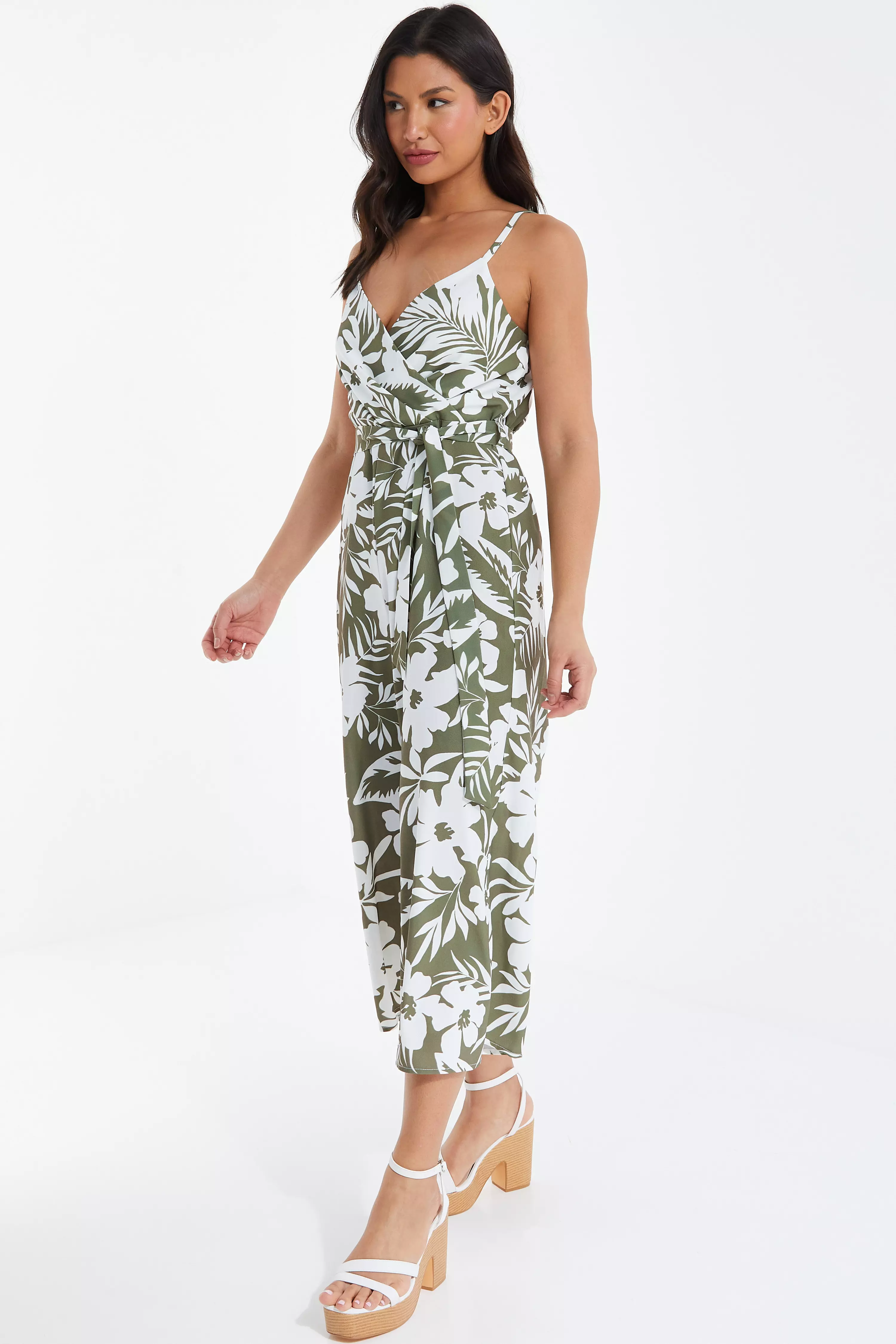 Khaki Tropical Print Culotte Jumpsuit