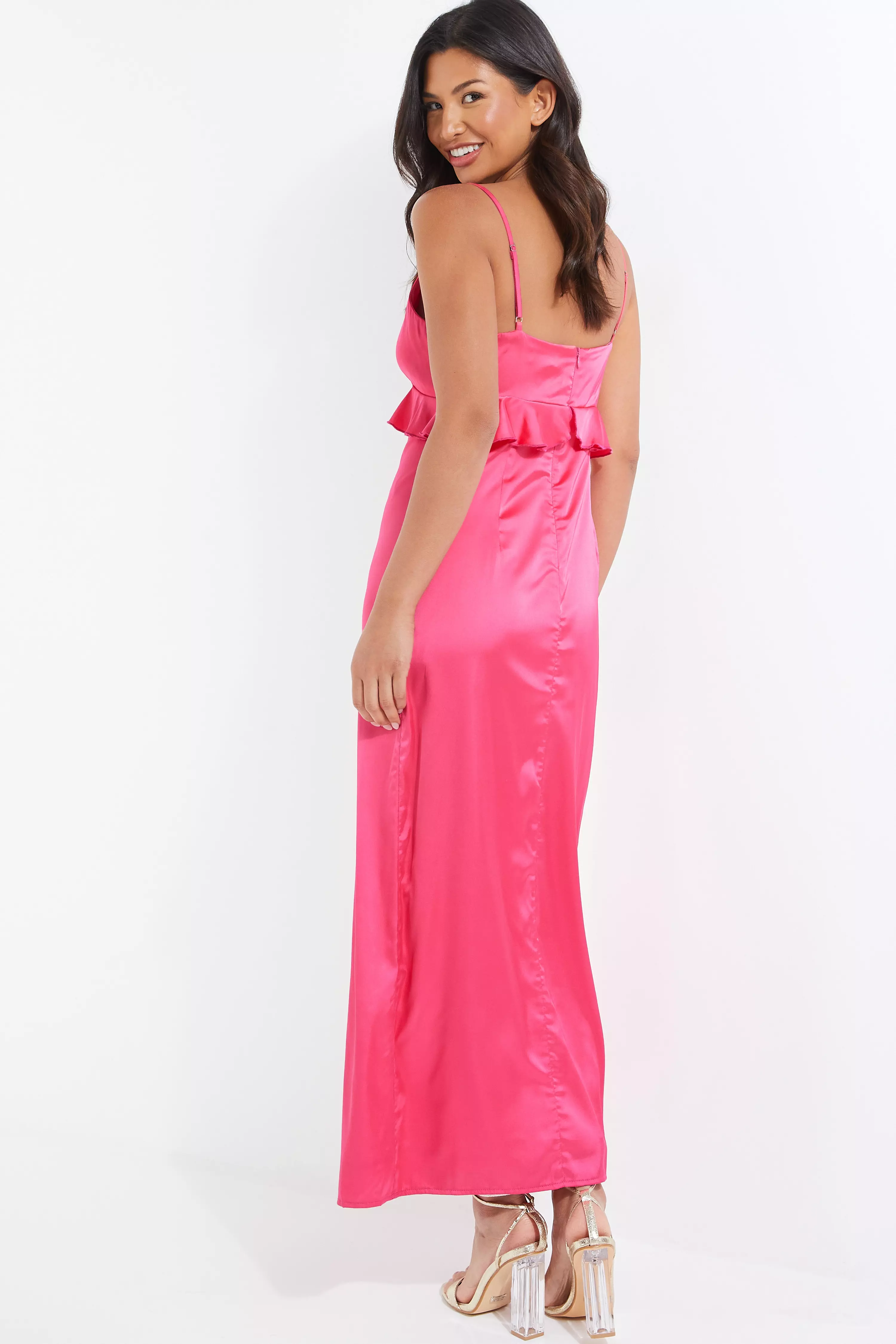 Pink Satin Frill Slip Midi Dress
