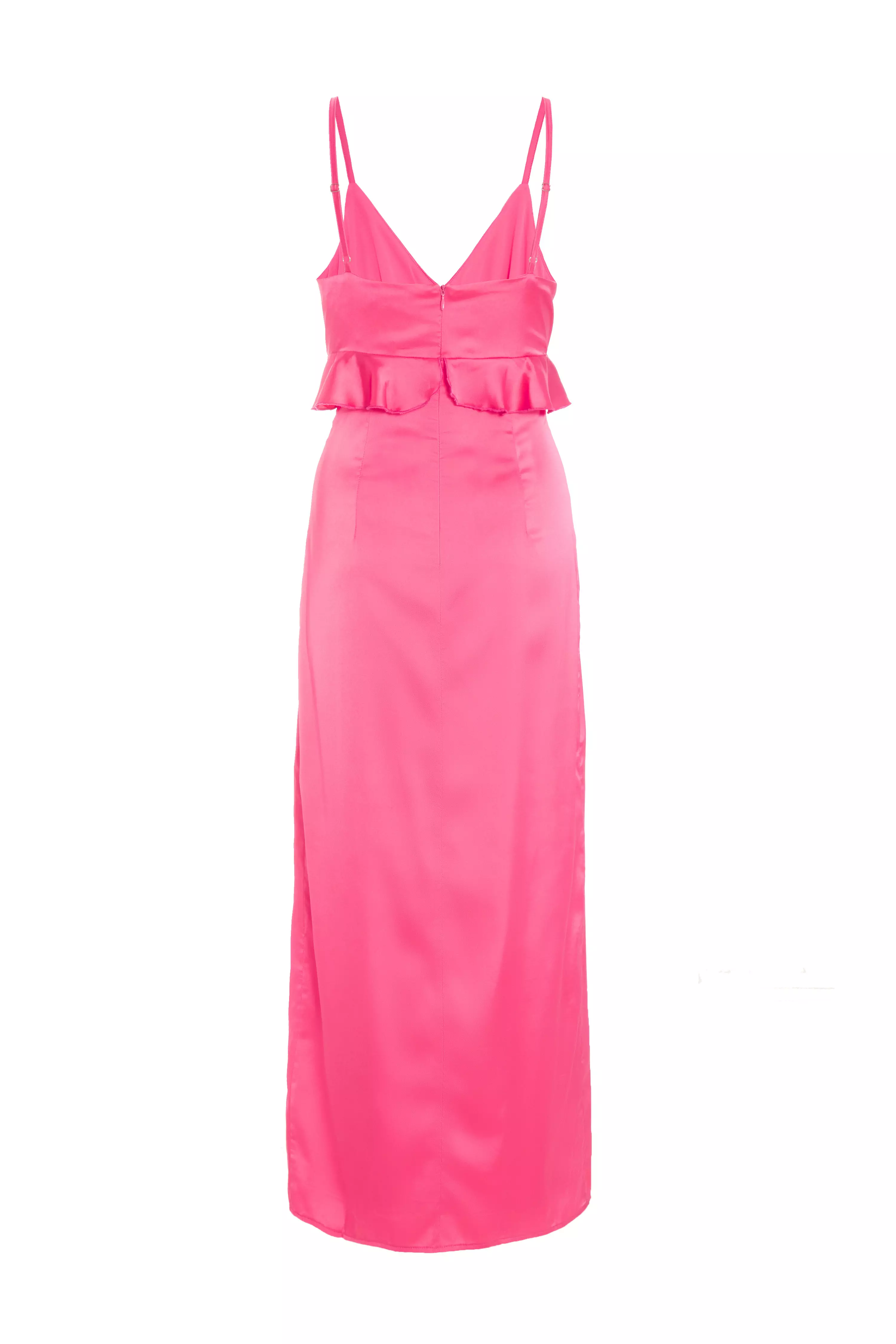 Pink Satin Frill Slip Midi Dress