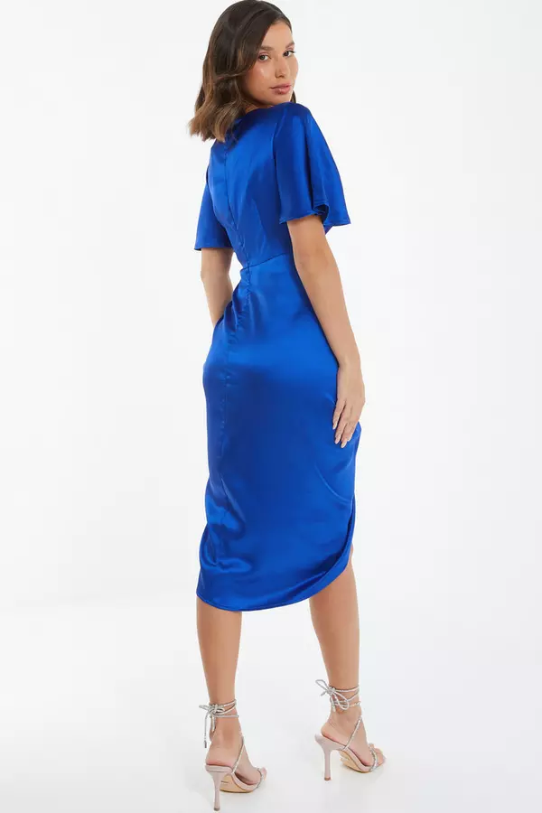 Royal Blue Satin Wrap Ruched Midi Dress