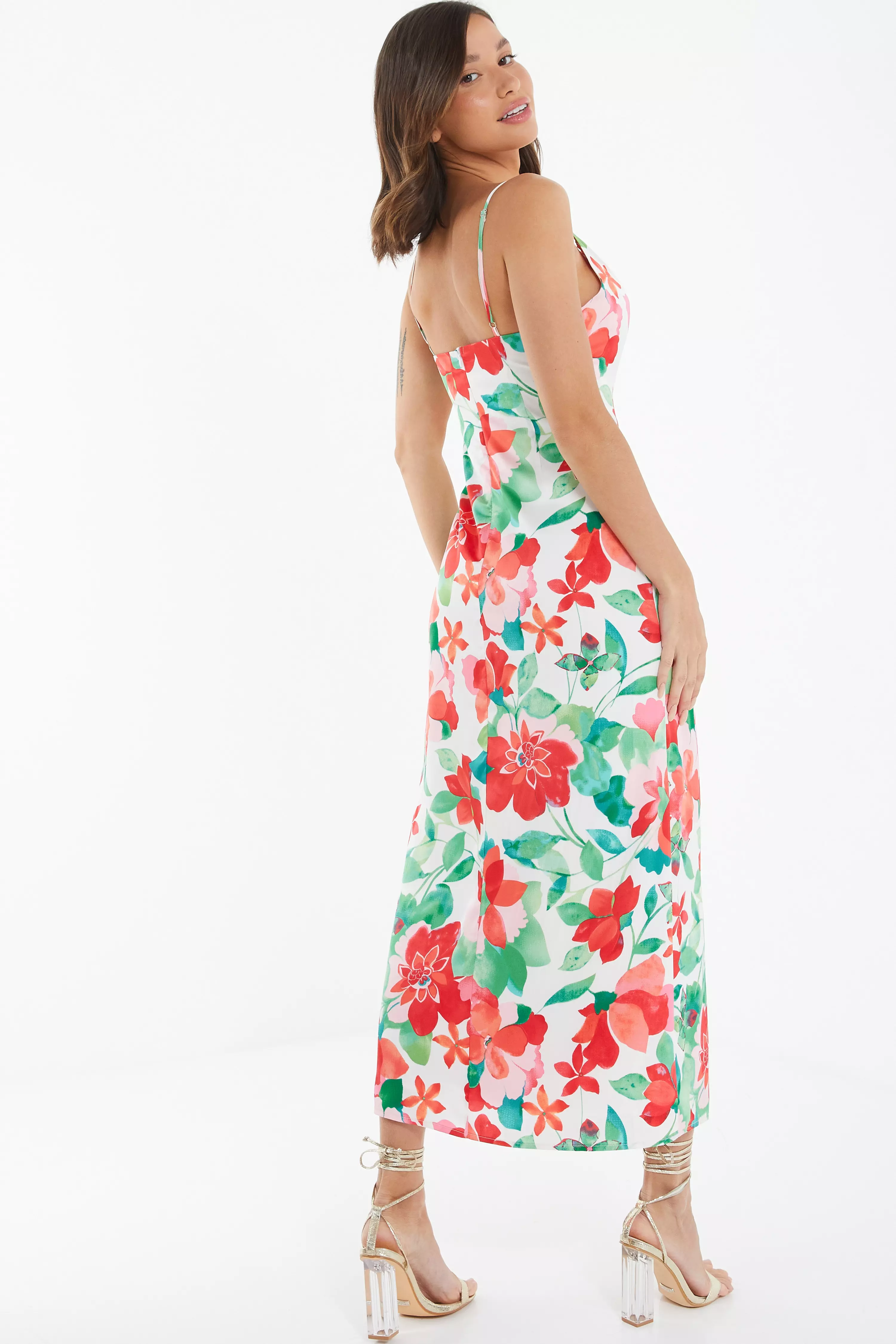 Multicoloured Tropical Satin Midi Dress