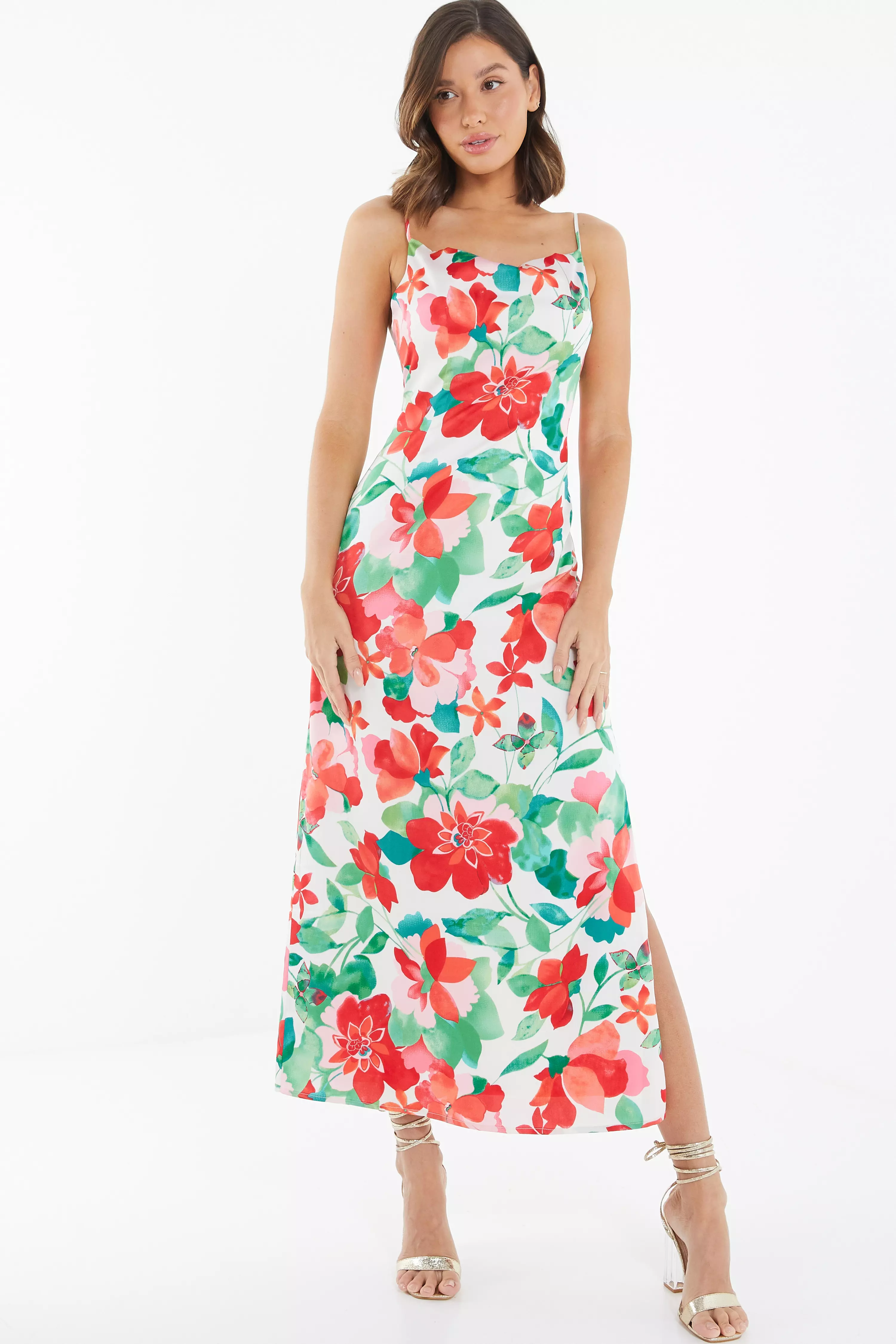 Multicoloured Tropical Satin Midi Dress