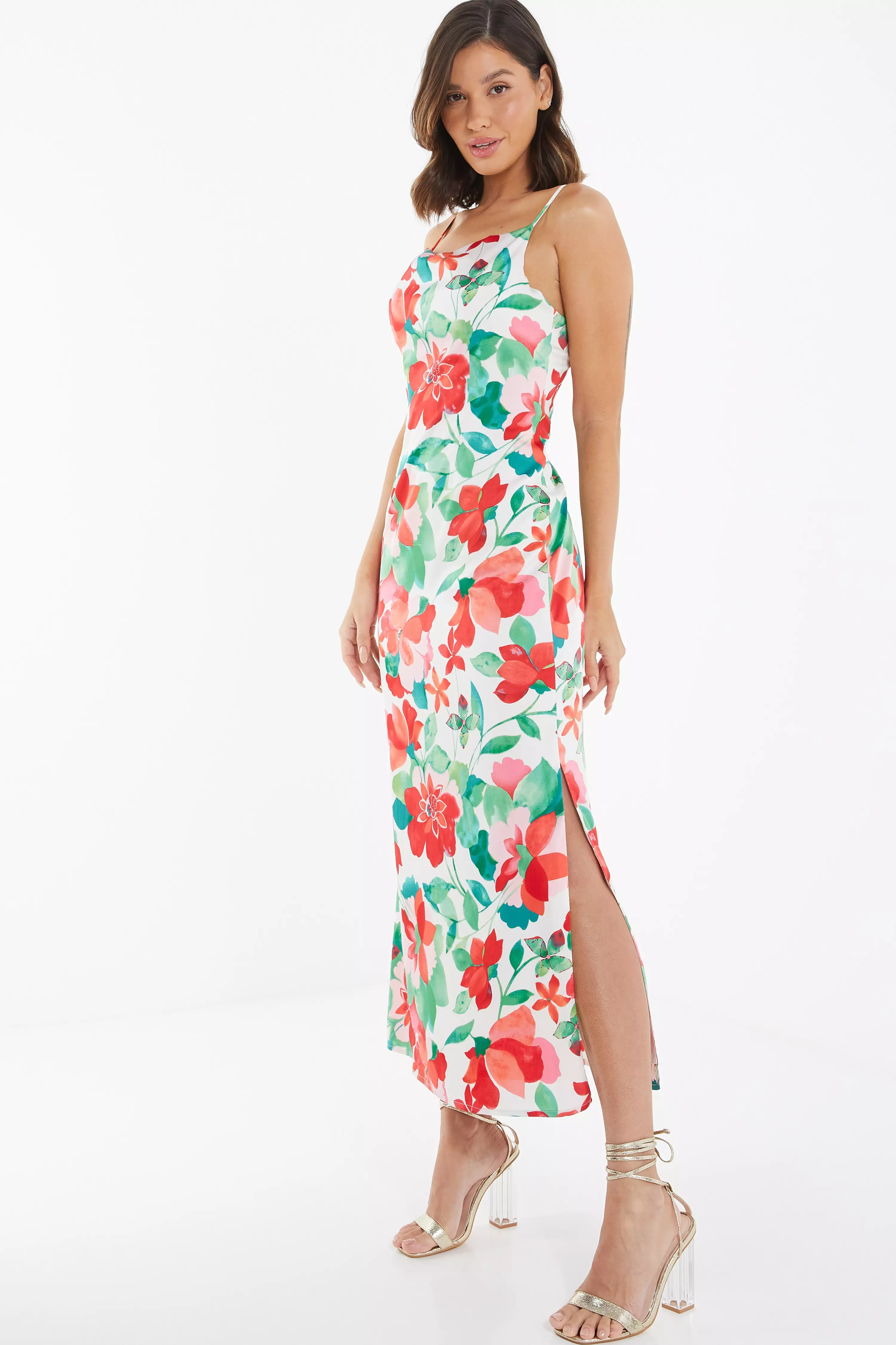 Multicoloured Tropical Satin Midi Dress