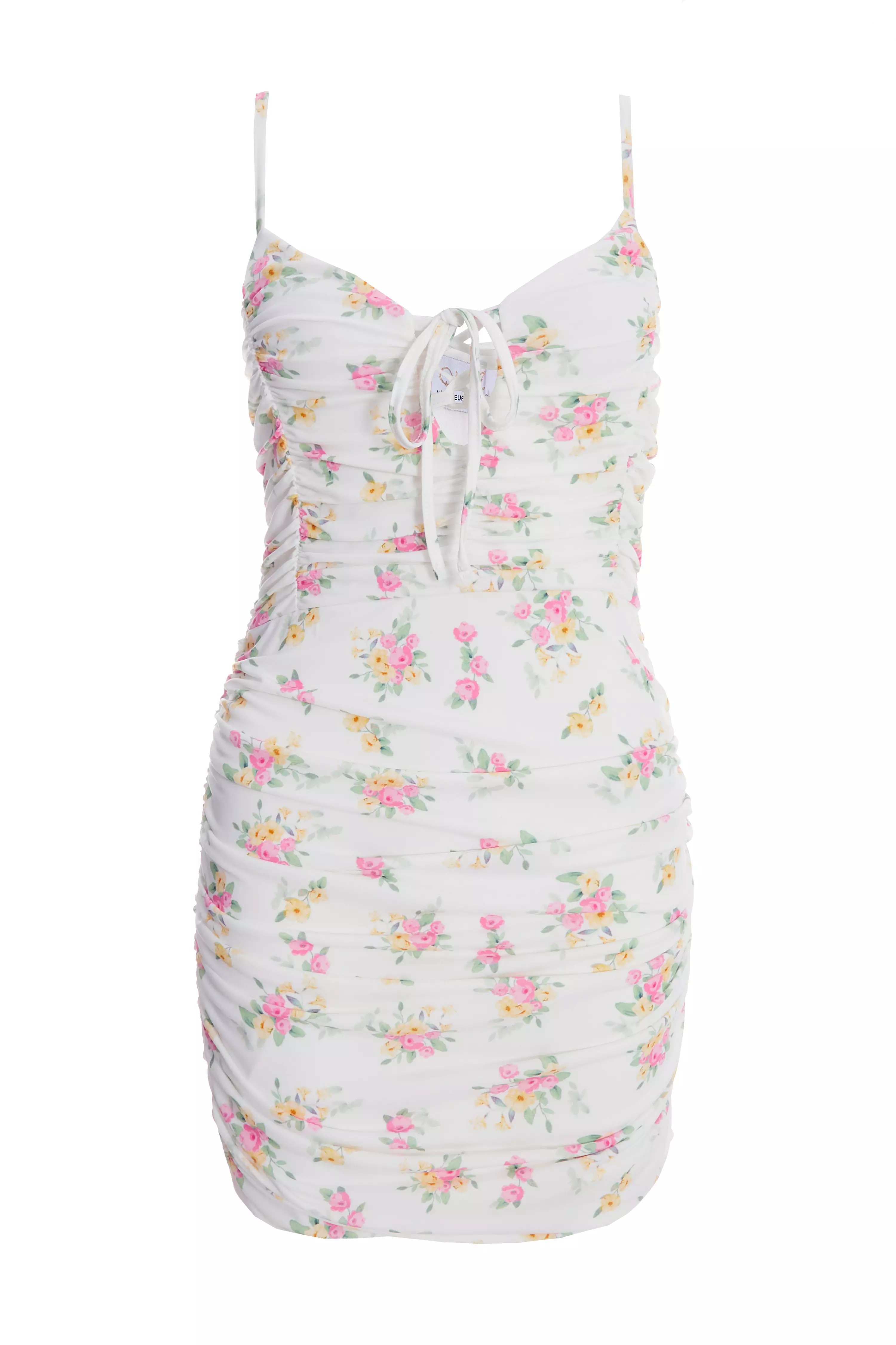 White Ditsy Floral Ruched Mini Dress