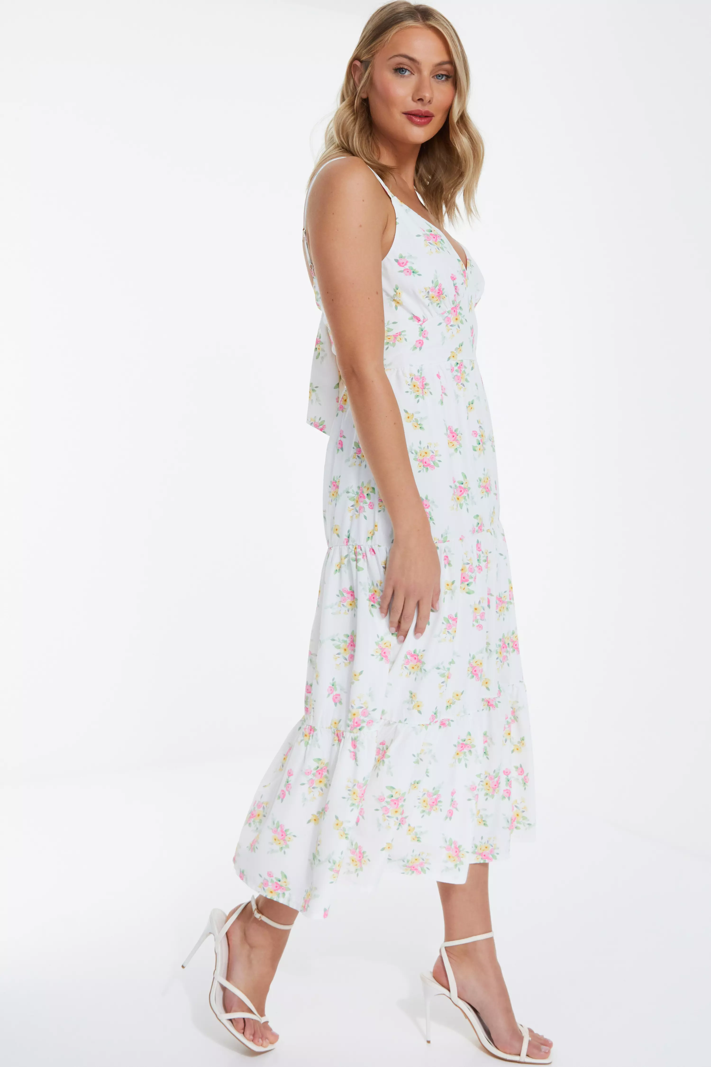 White Ditsy Floral Ruched Midi Dress