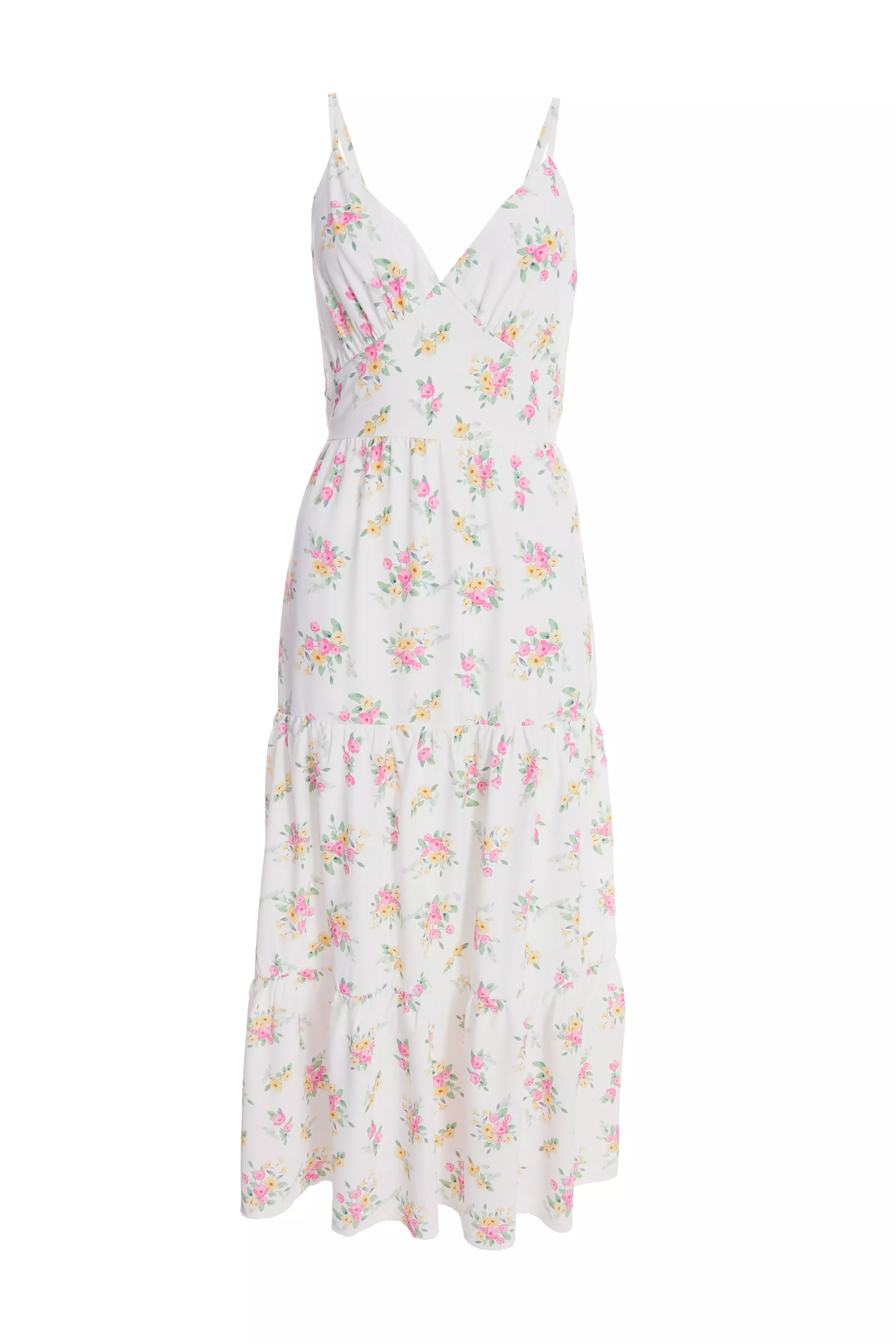 White Ditsy Floral Ruched Midi Dress