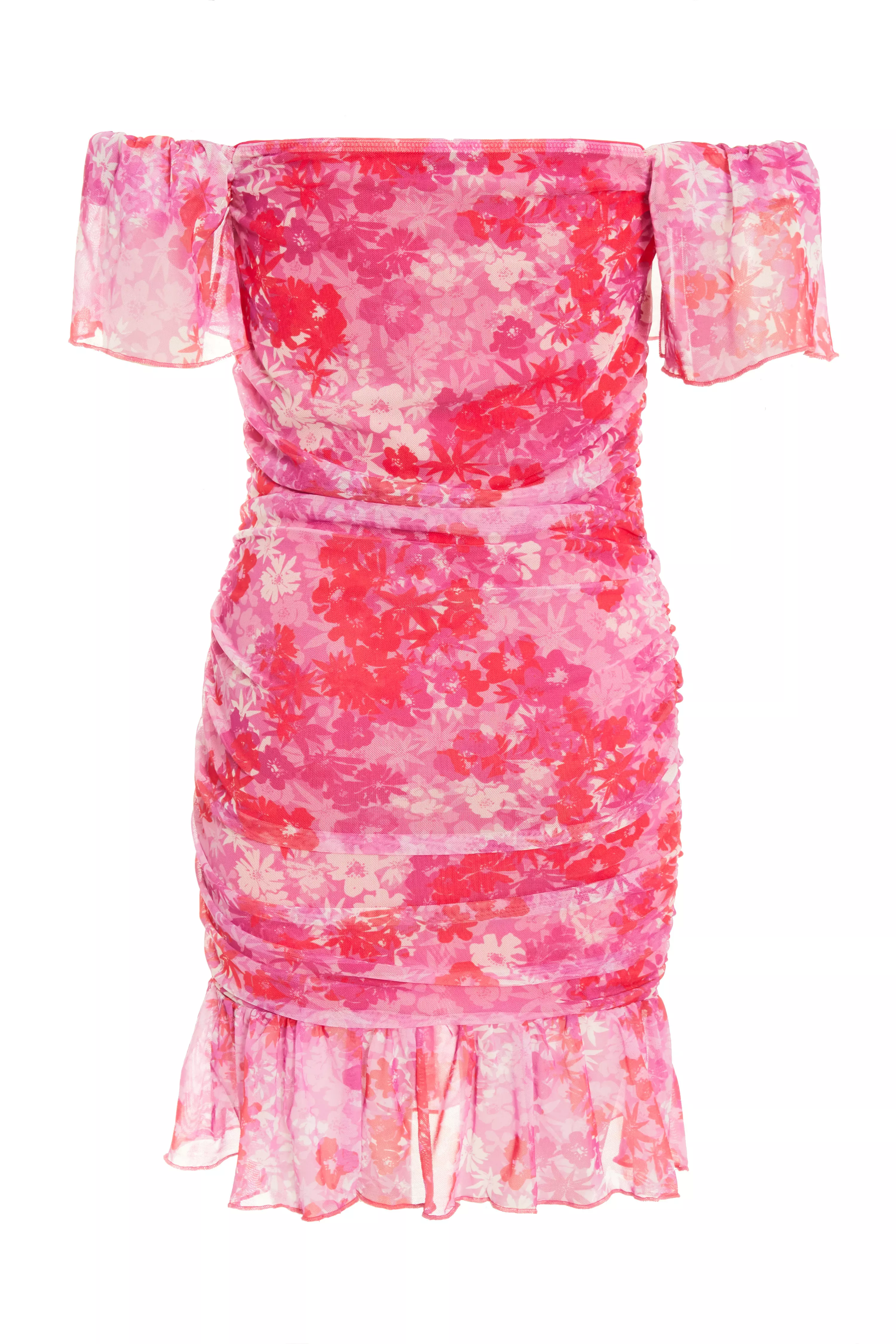 Petite Pink Floral Ruched Bardot Mini Dress