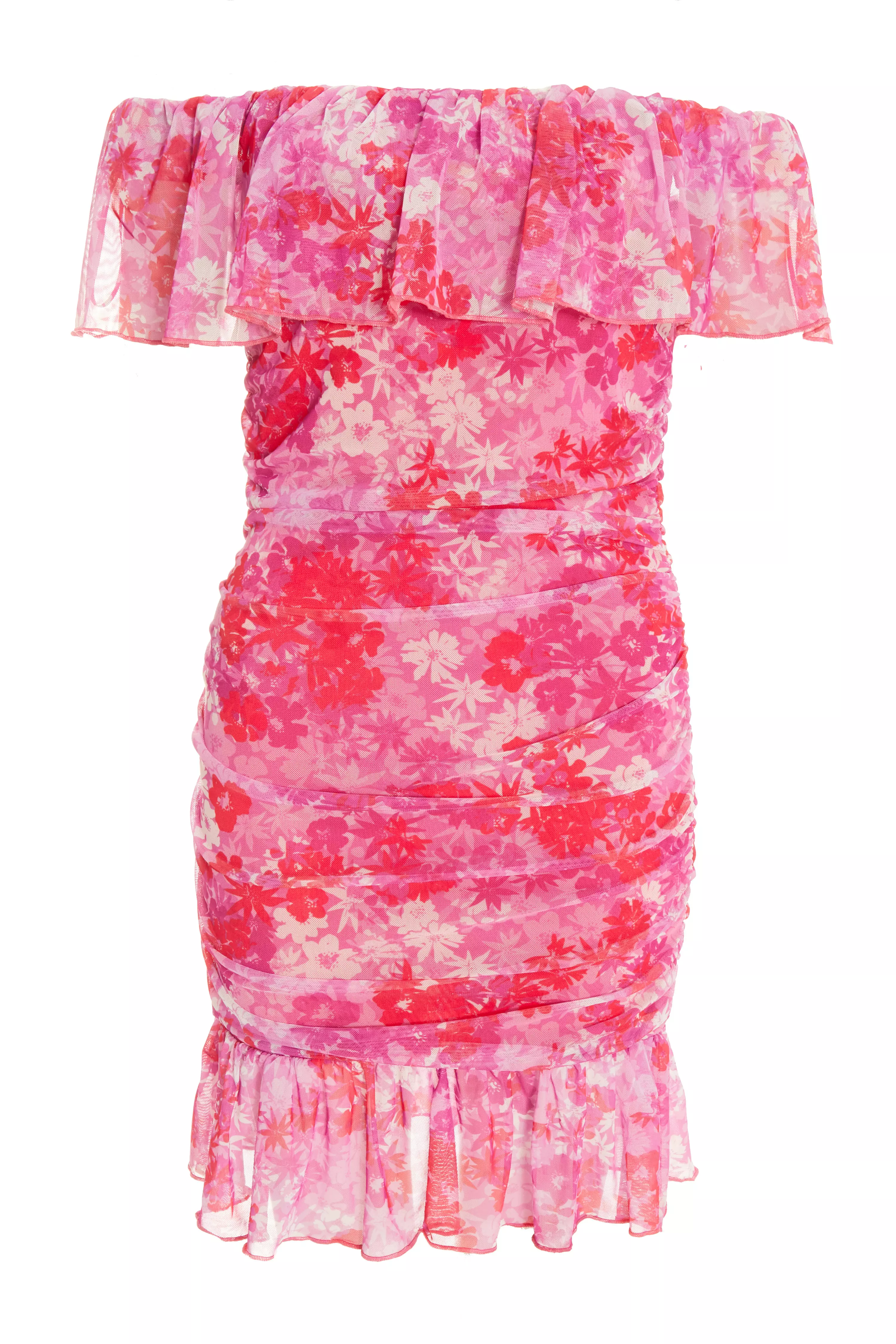 Petite Pink Floral Ruched Bardot Mini Dress