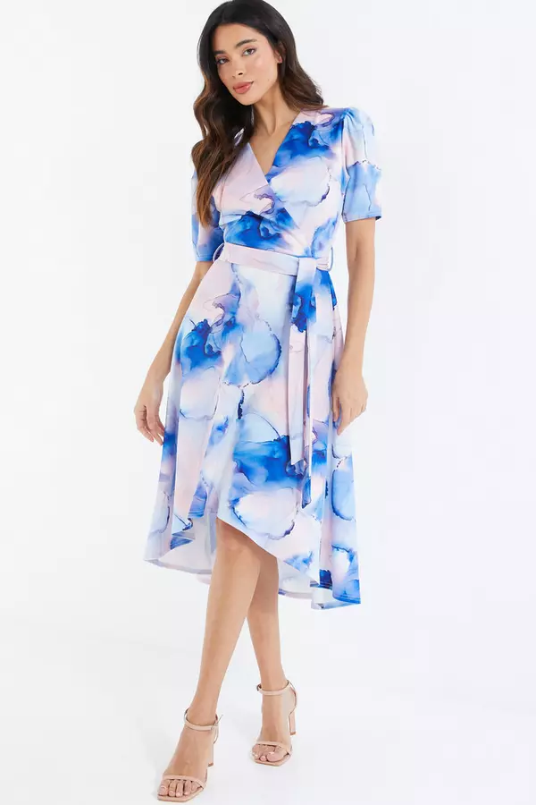 Blue Marble Print Dip Hem Dress