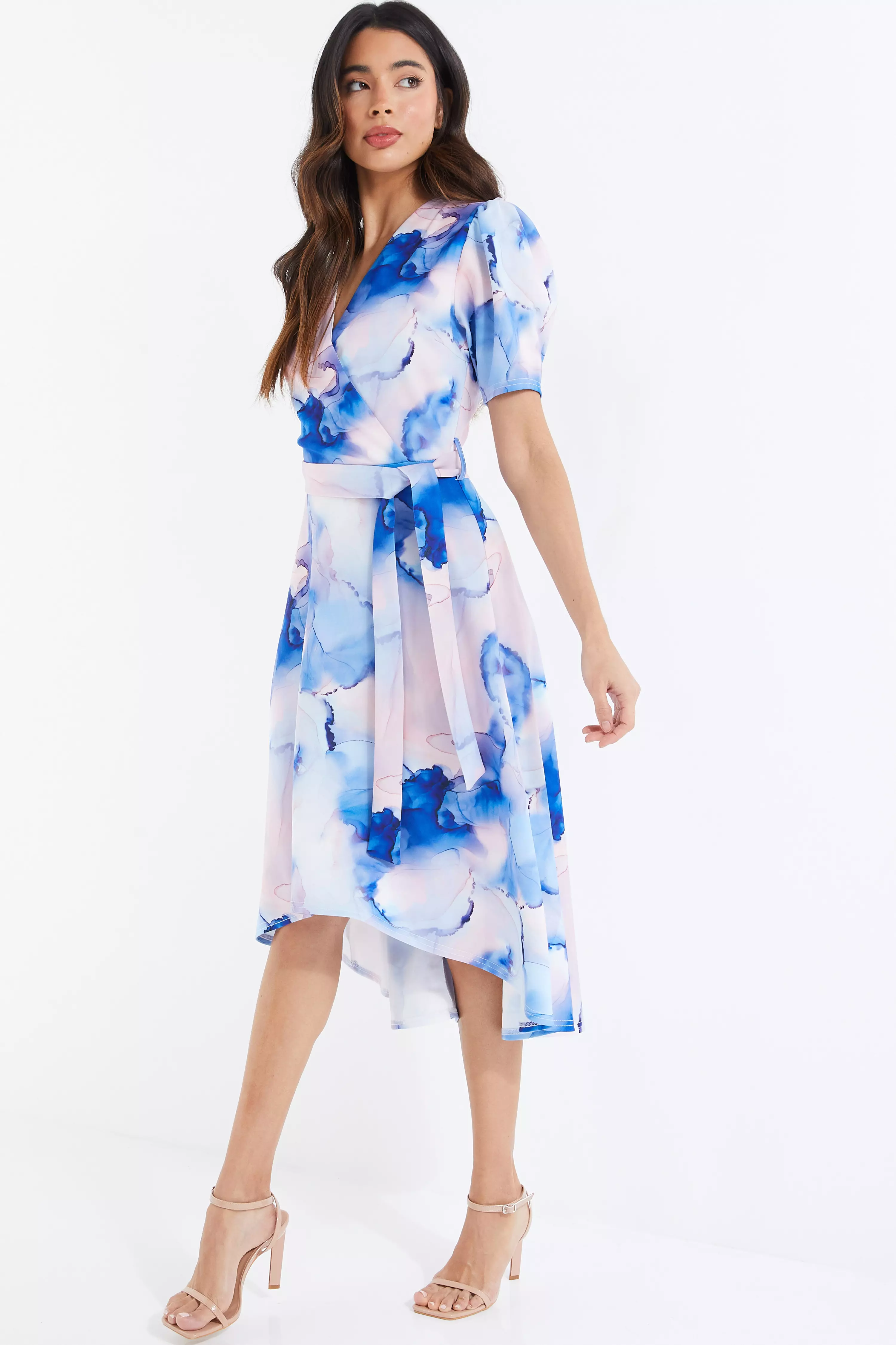 Blue Marble Print Dip Hem Dress