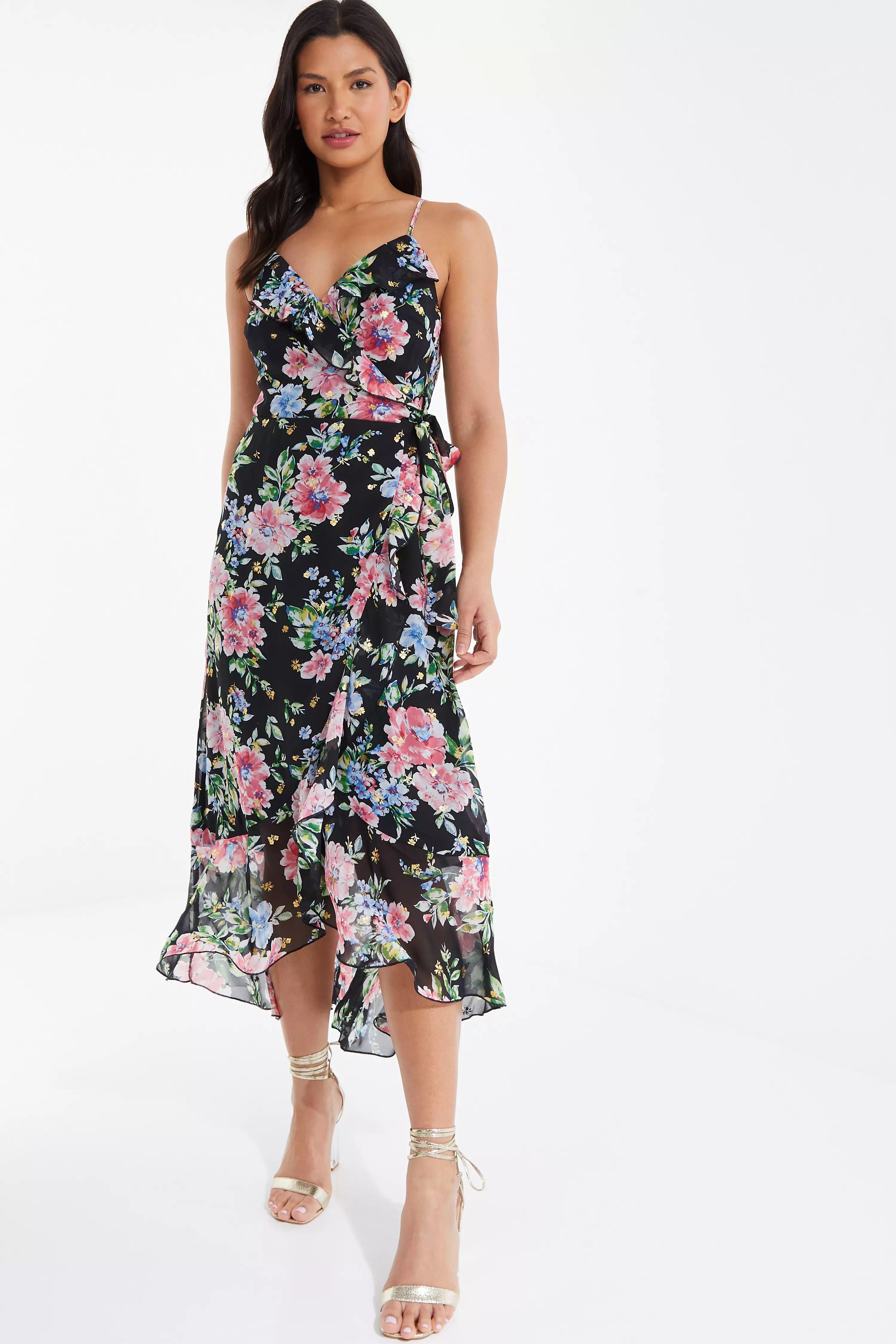 Black Floral Chiffon Wrap Midi Dress