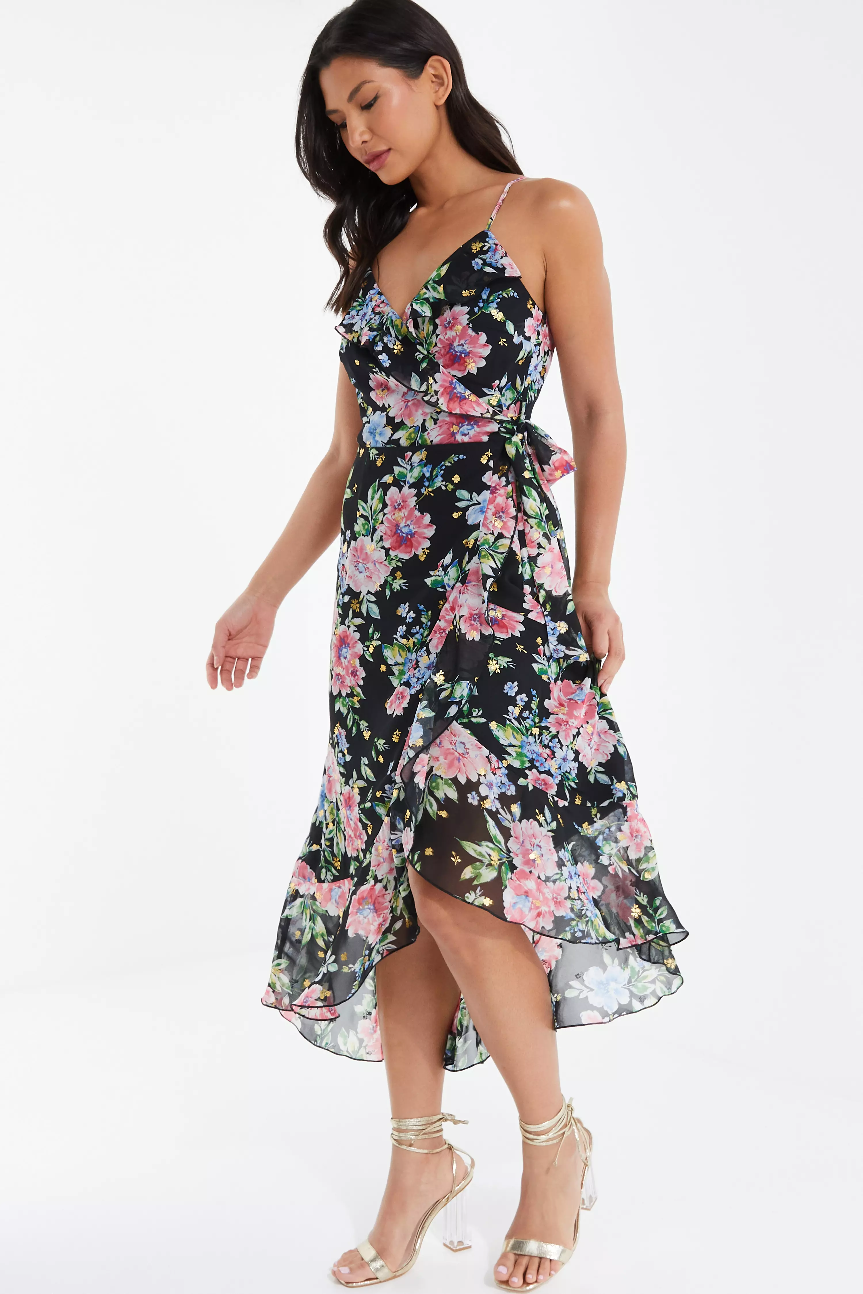 Black Floral Chiffon Wrap Midi Dress