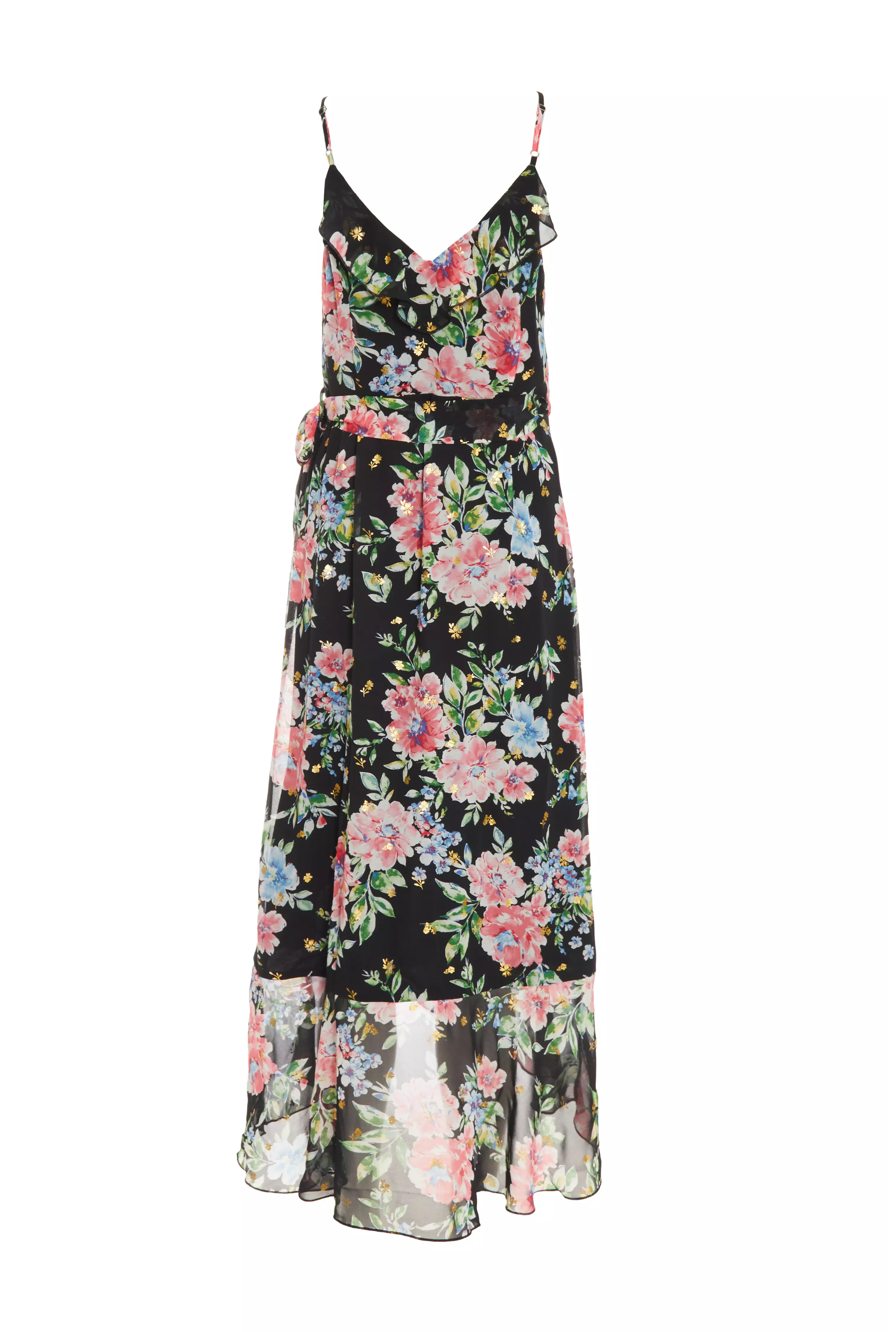 Black Floral Chiffon Wrap Midi Dress