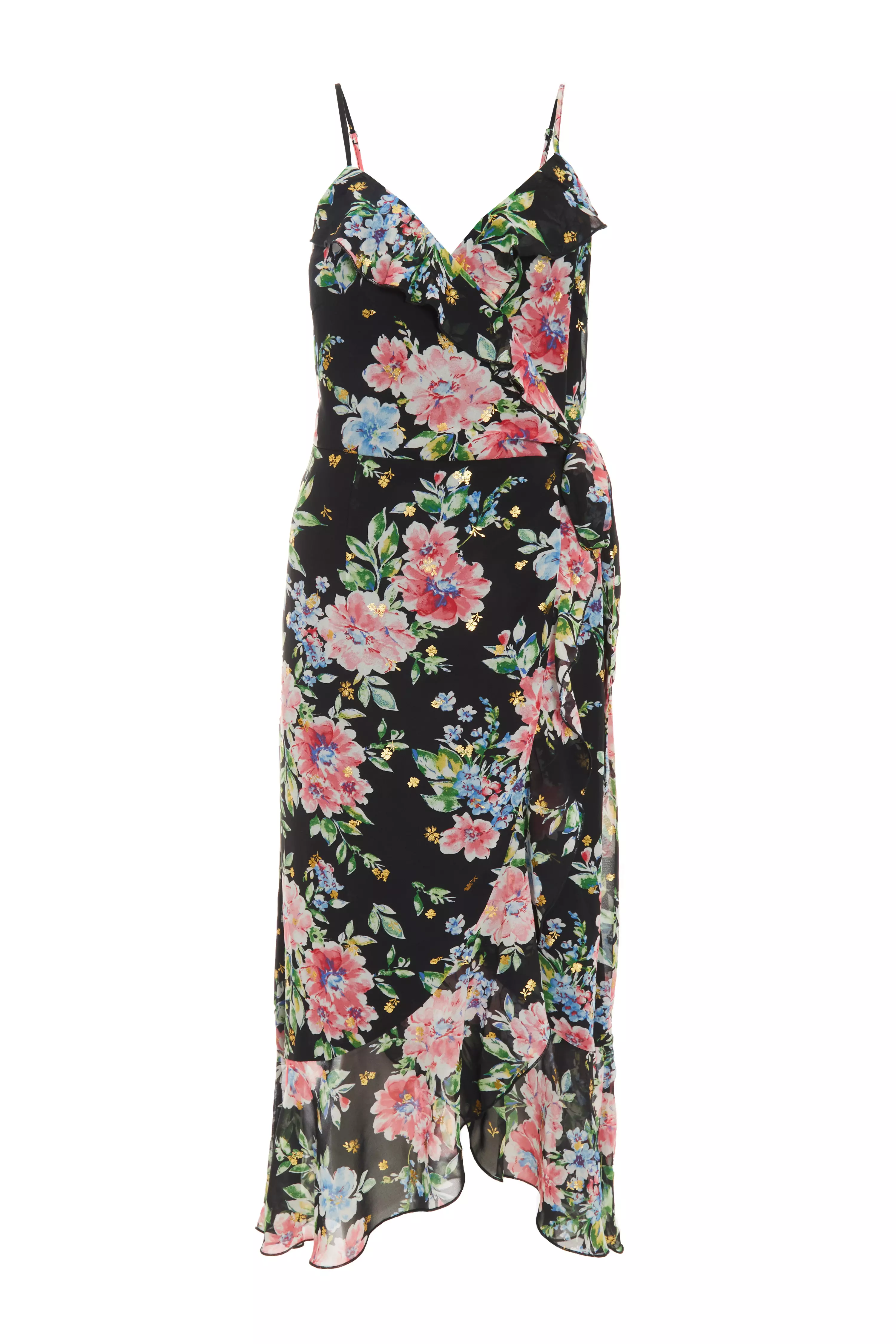 Black Floral Chiffon Wrap Midi Dress