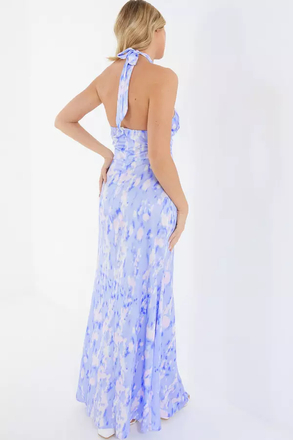 Blue Marble Print Halter Neck Maxi Dress