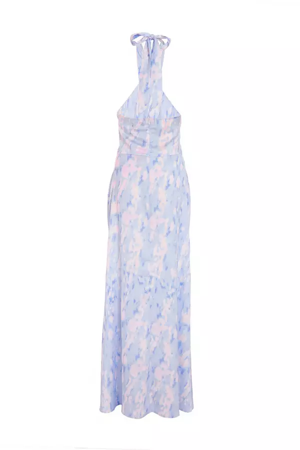 Blue Marble Print Halter Neck Maxi Dress