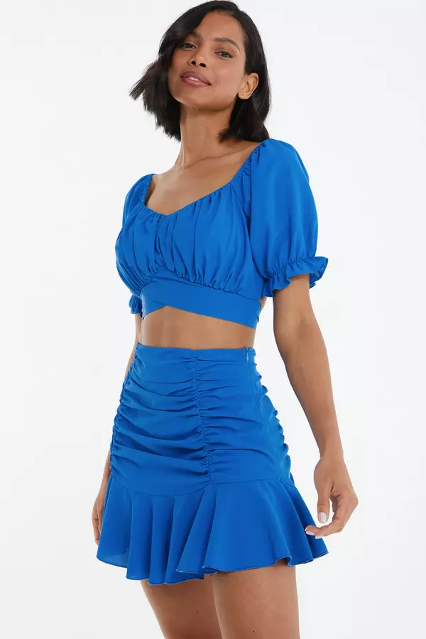 Blue Ruched Mini Skirt