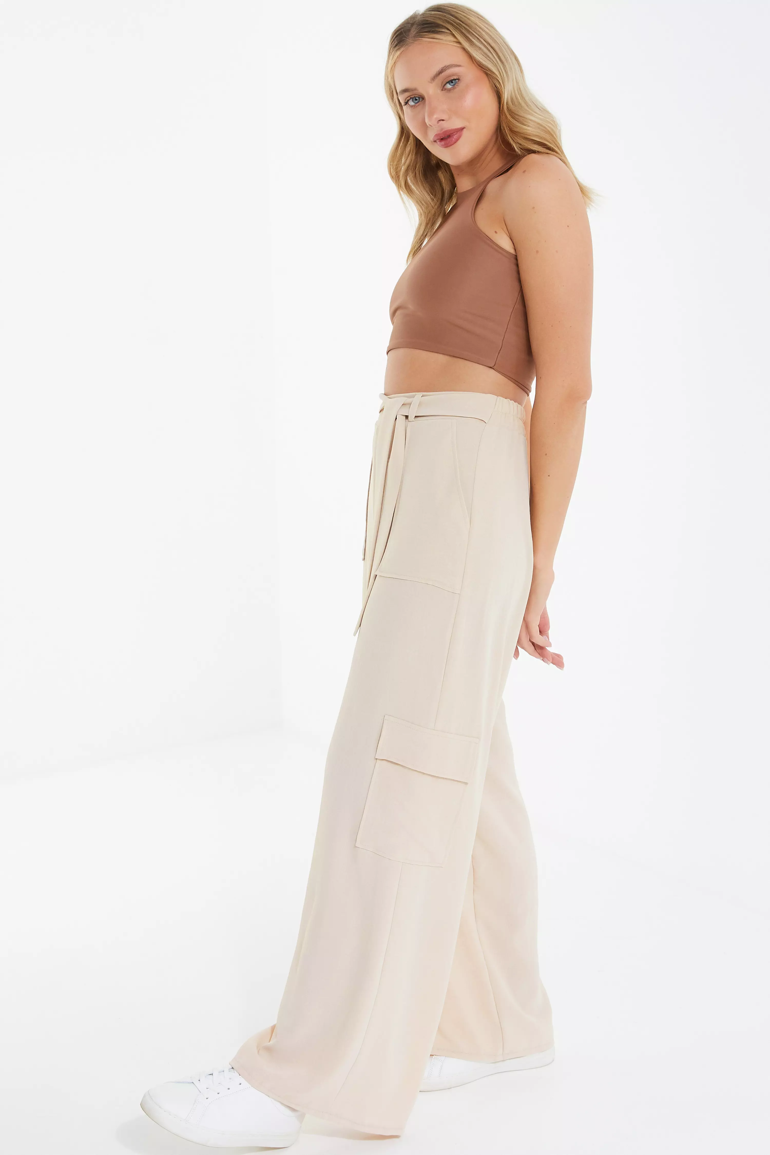 Stone Wide Leg Cargo Trousers