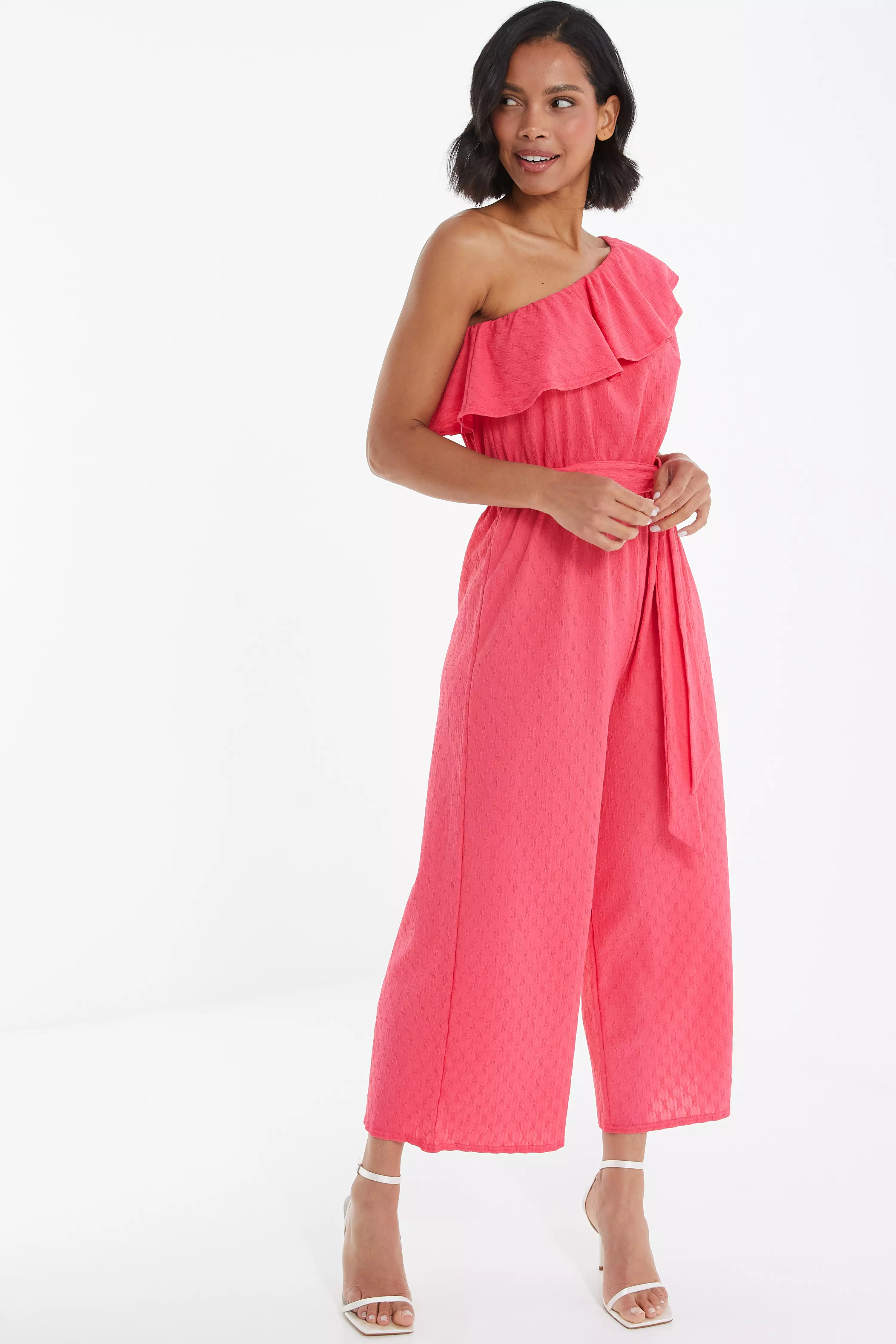 Pink Textured Frill Culotte Jumpsuit