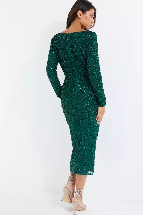Green Sequin Wrap Midaxi Dress