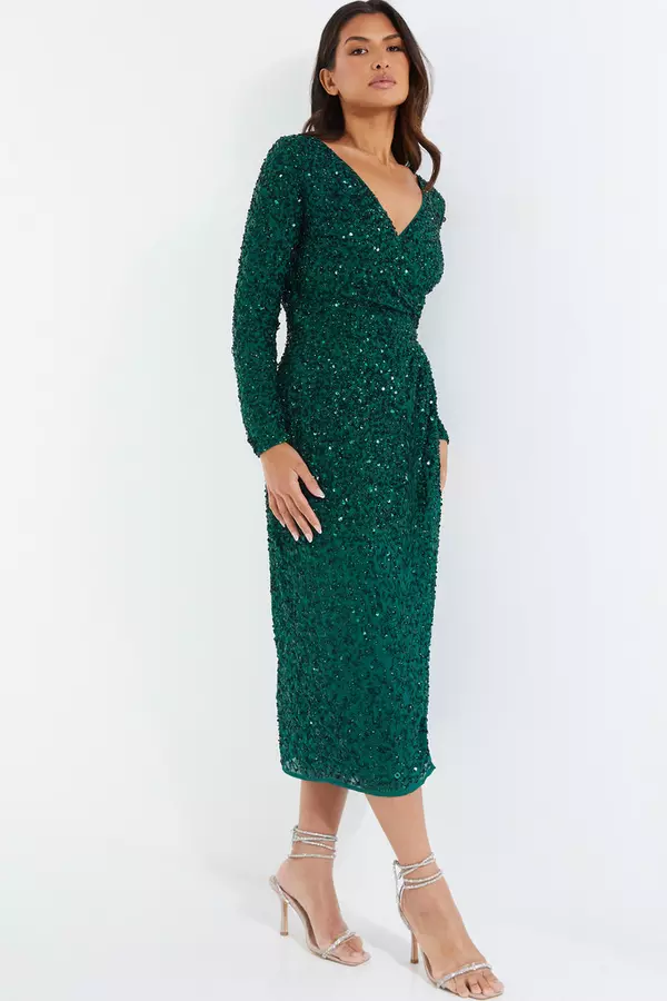 Green Sequin Wrap Midaxi Dress